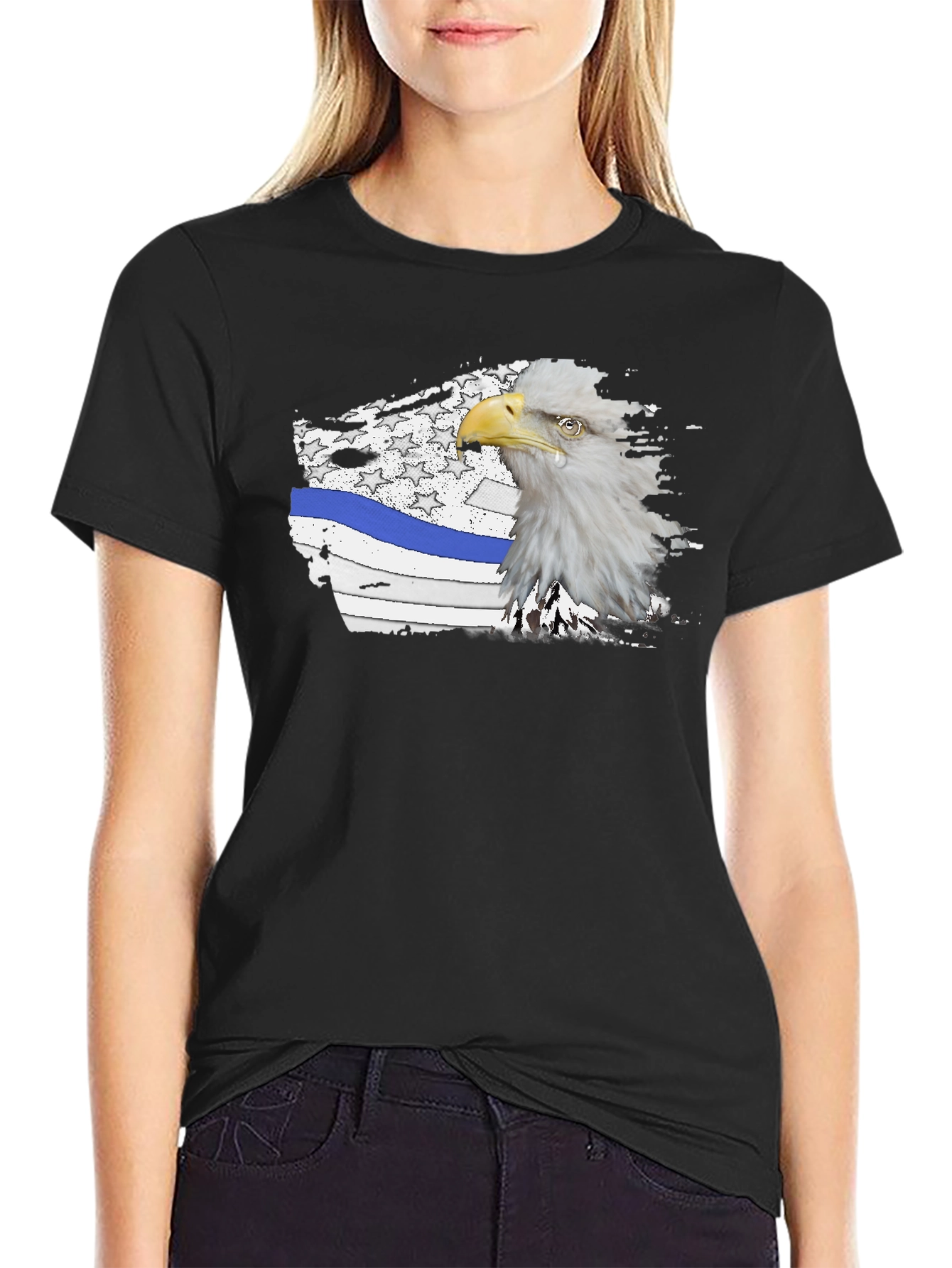 Bald Eagle Thin Blue Line American Flag Graphic T-Shirt