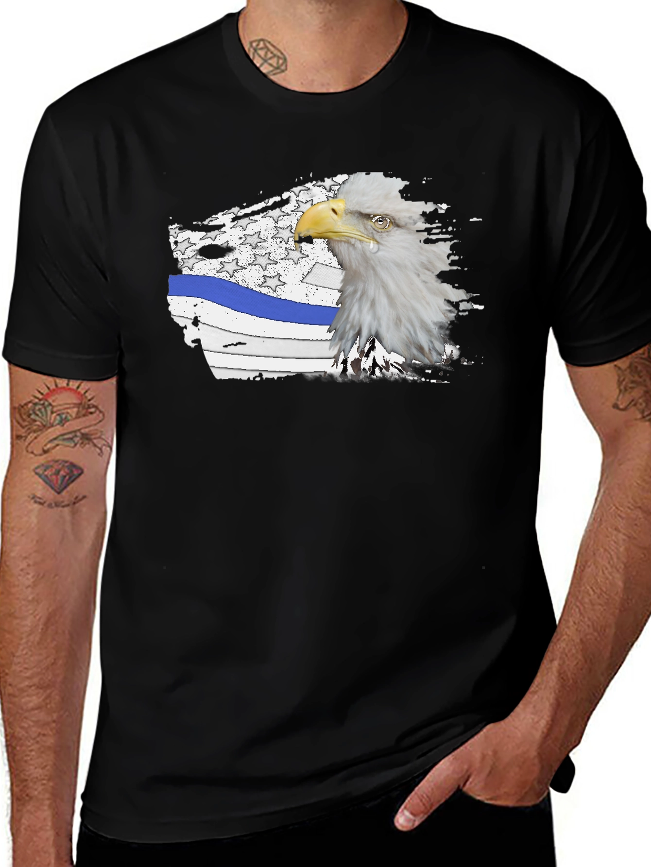 Bald Eagle Thin Blue Line American Flag Graphic T-Shirt