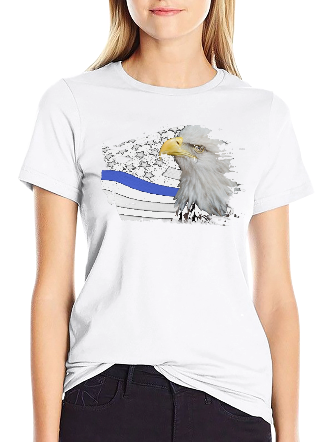 Bald Eagle Thin Blue Line American Flag Graphic T-Shirt