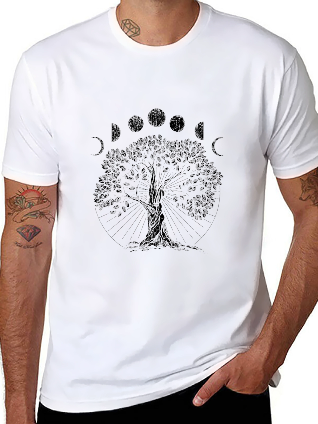 Mens Black Tree of Life Moon Phases Graphic Tee