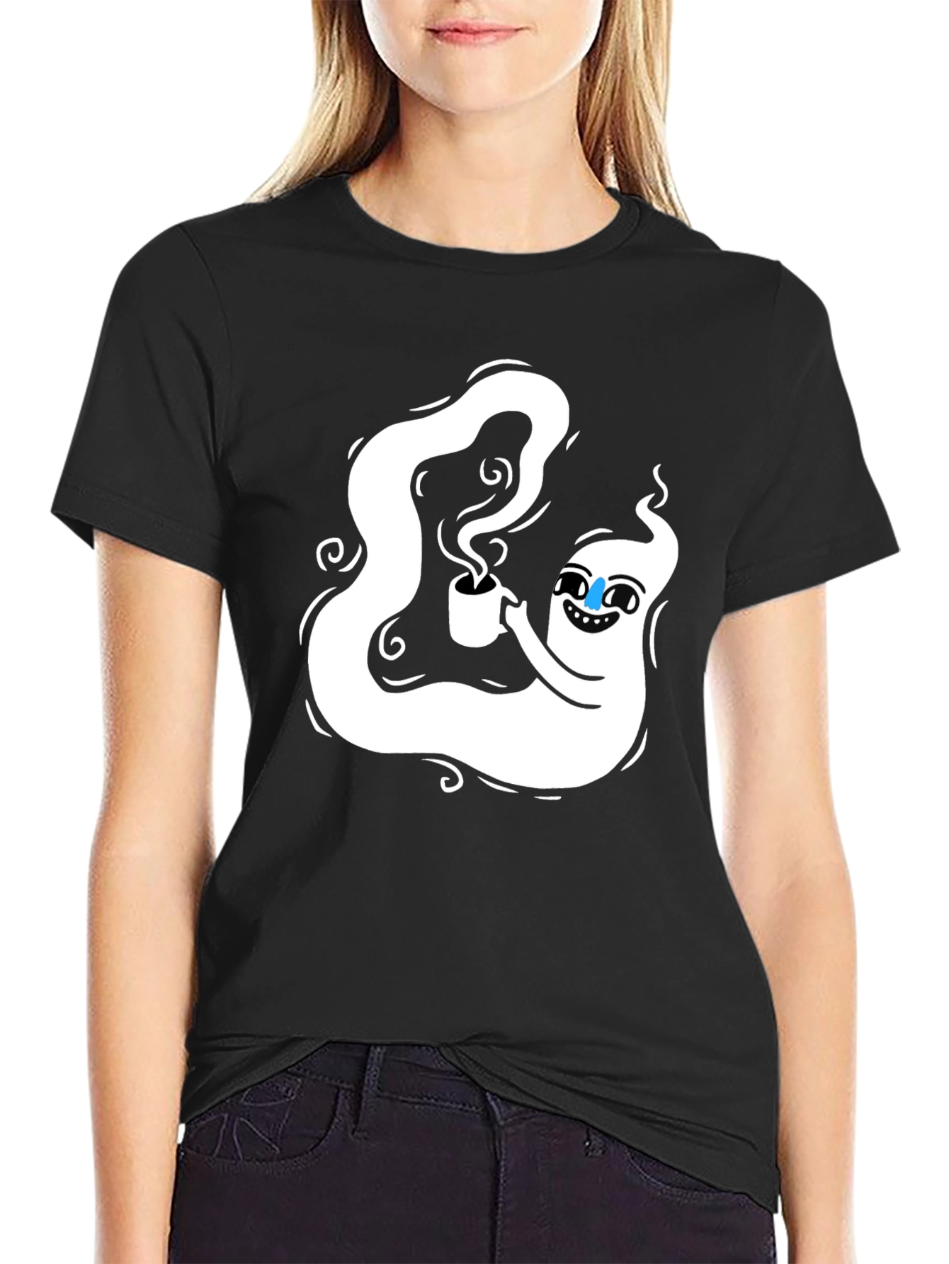Ghost with Coffee Black T-Shirt