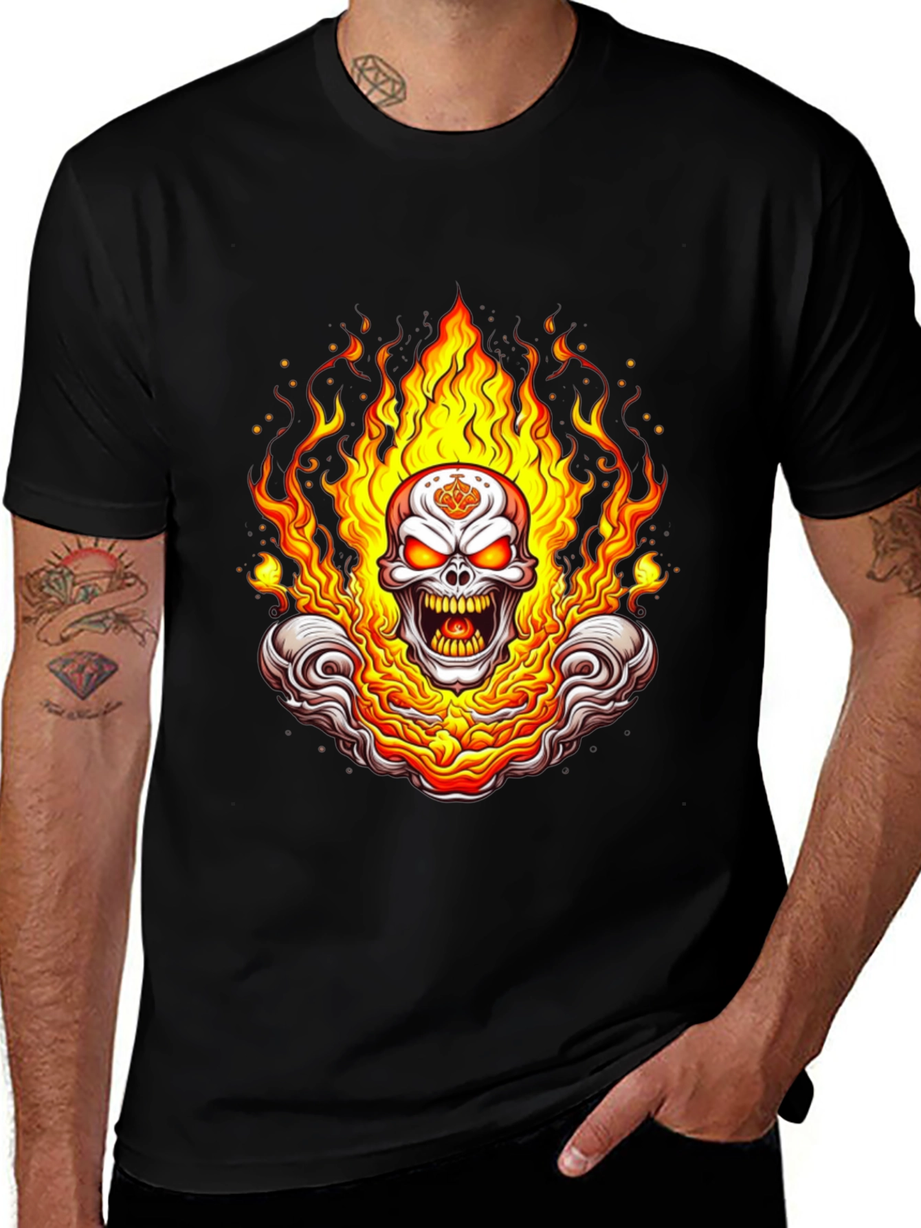 Flaming Skull Graphic Tee - Bold Black Cotton Shirt