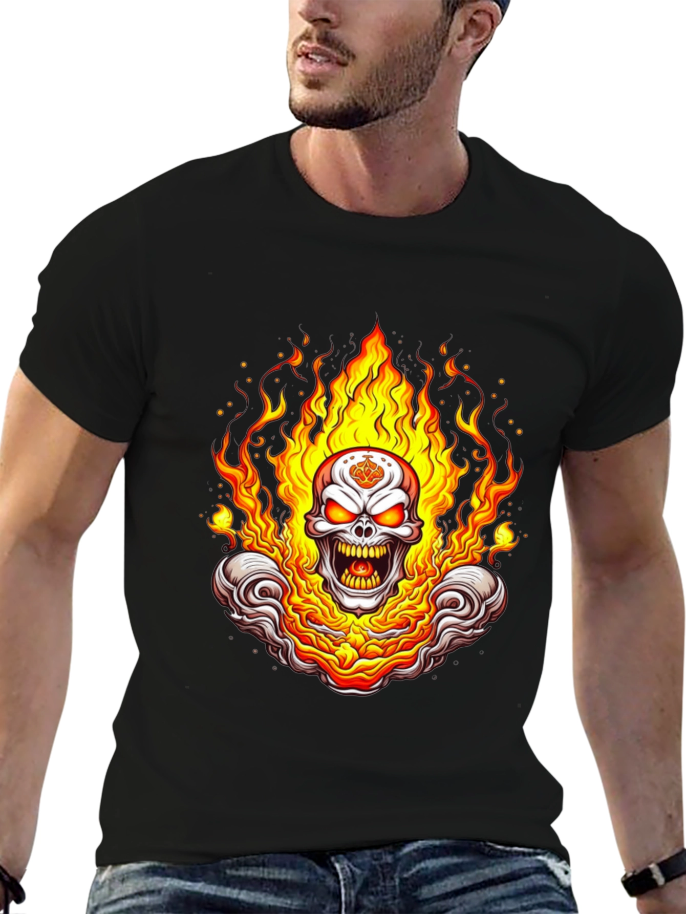 Flaming Skull Graphic Tee - Bold Black Cotton Shirt