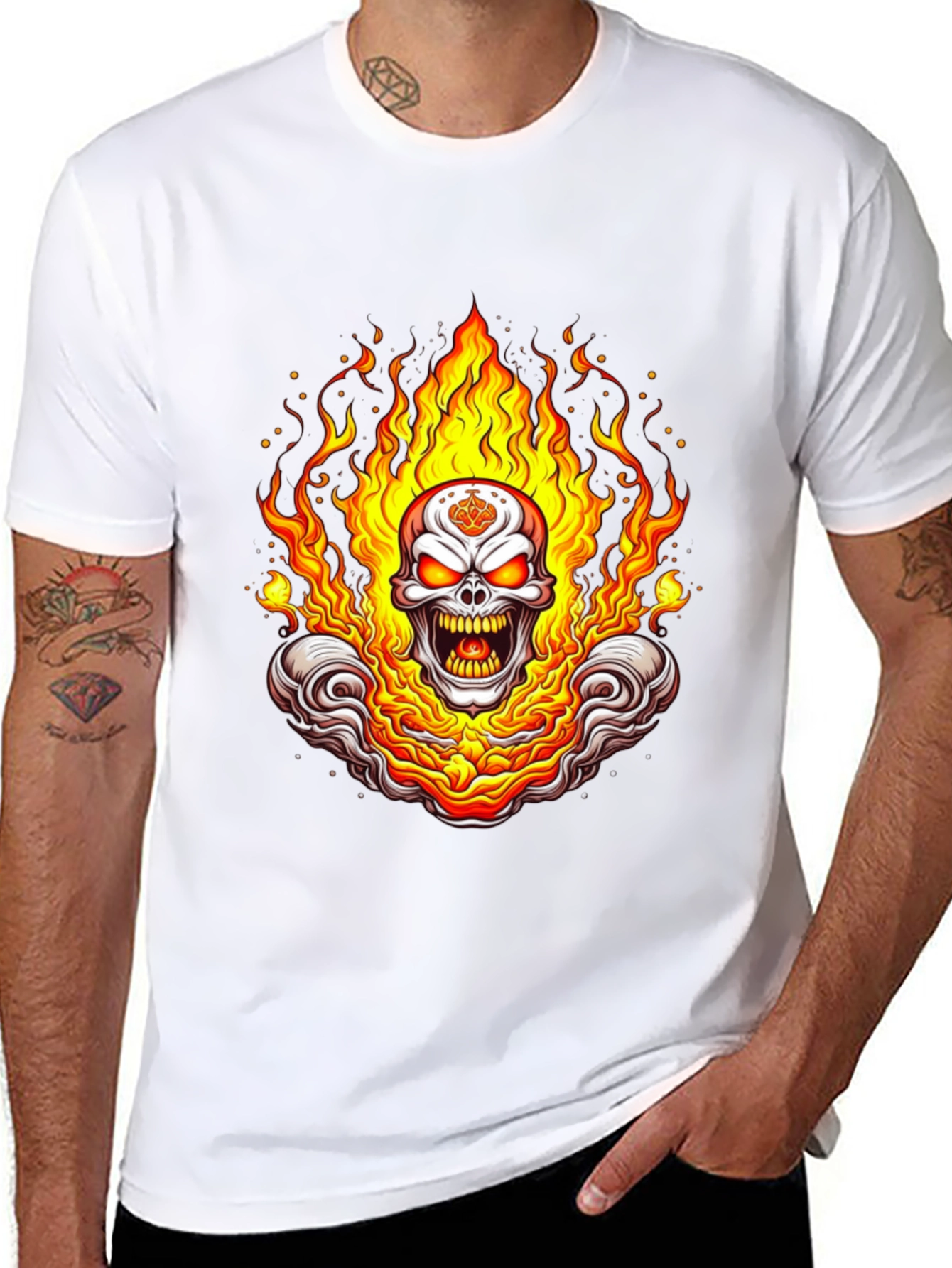 Flaming Skull Graphic Tee - Bold Black Cotton Shirt