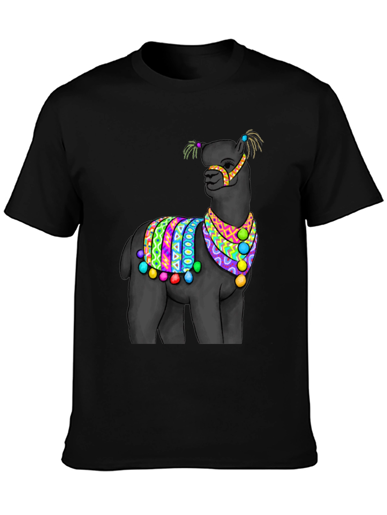 Black T-Shirt with Festive Llama Design
