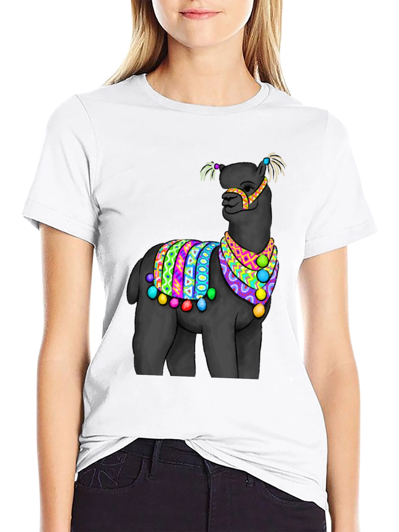 Black T-Shirt with Festive Llama Design