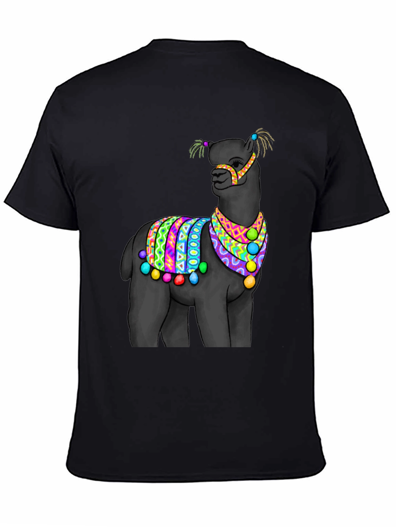 Black T-Shirt with Festive Llama Design
