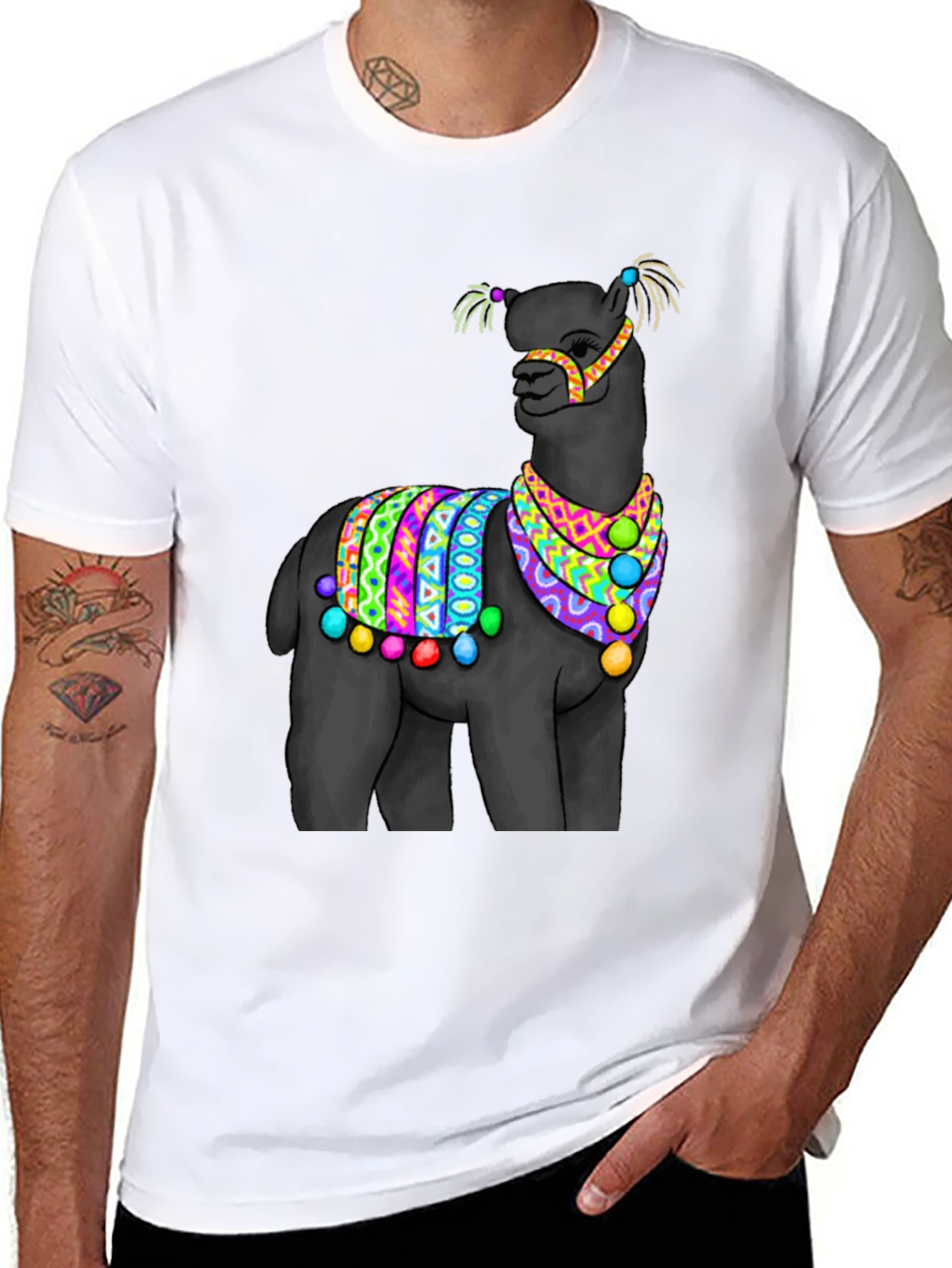Black T-Shirt with Festive Llama Design