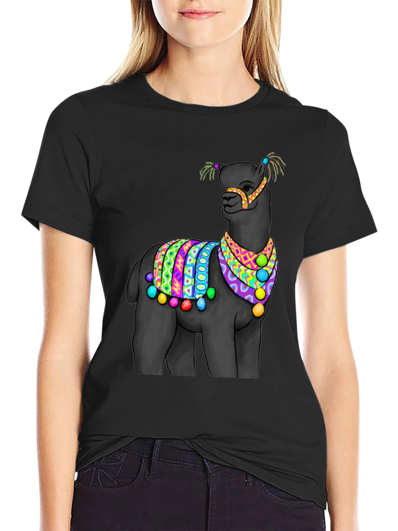 Black T-Shirt with Festive Llama Design