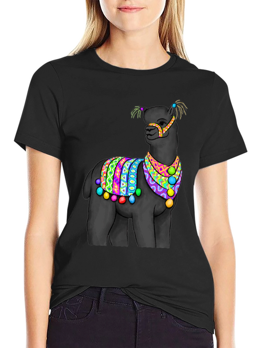 Black T-Shirt with Festive Llama Design