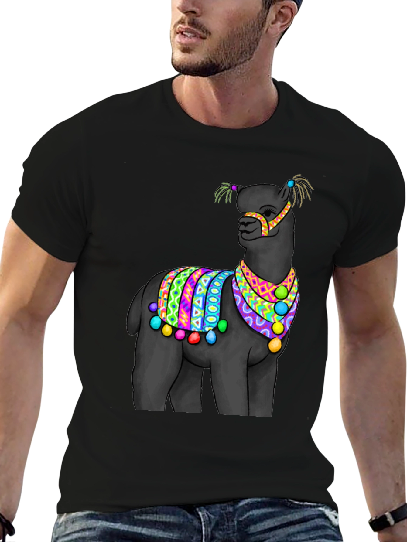 Black T-Shirt with Festive Llama Design