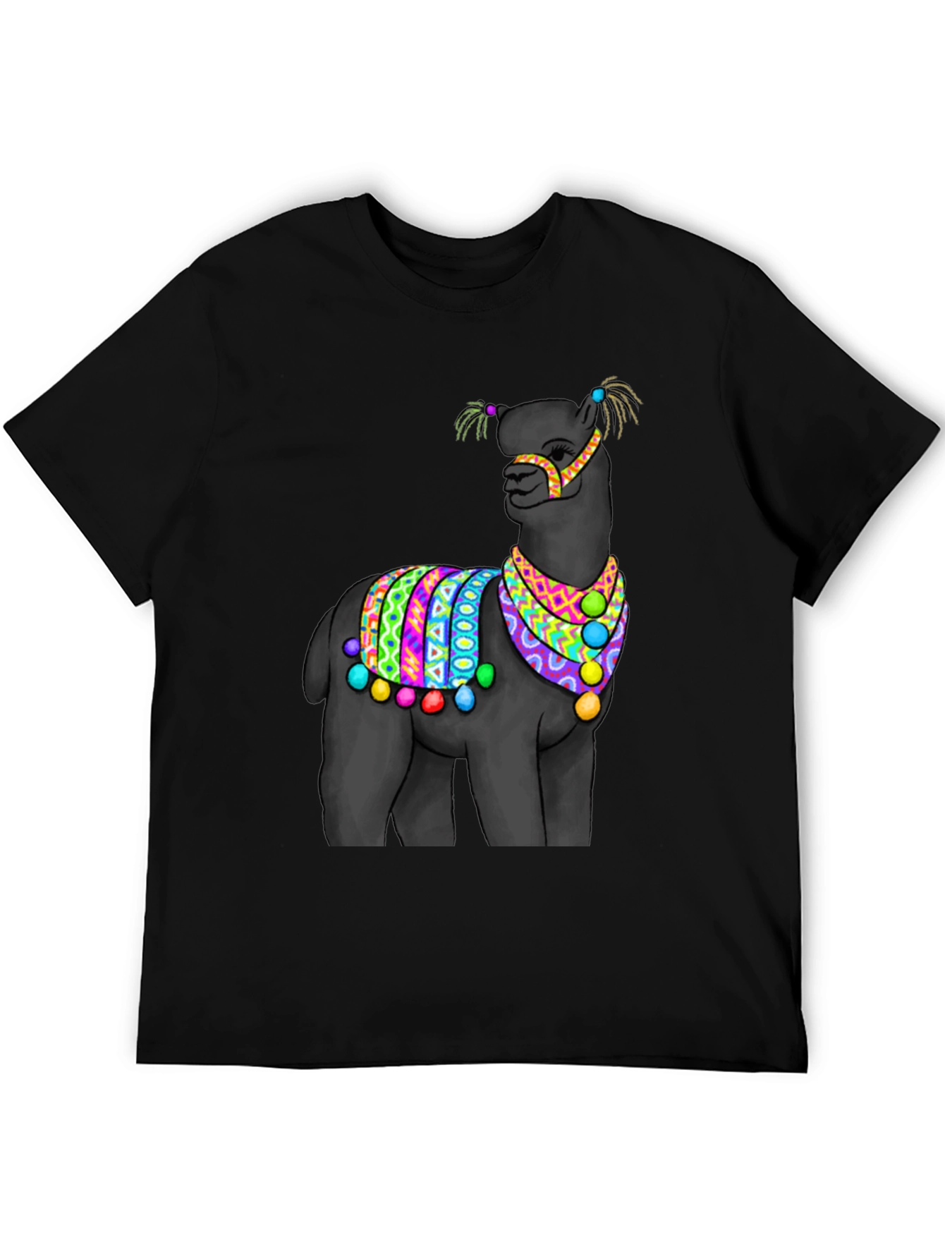 Black T-Shirt with Festive Llama Design