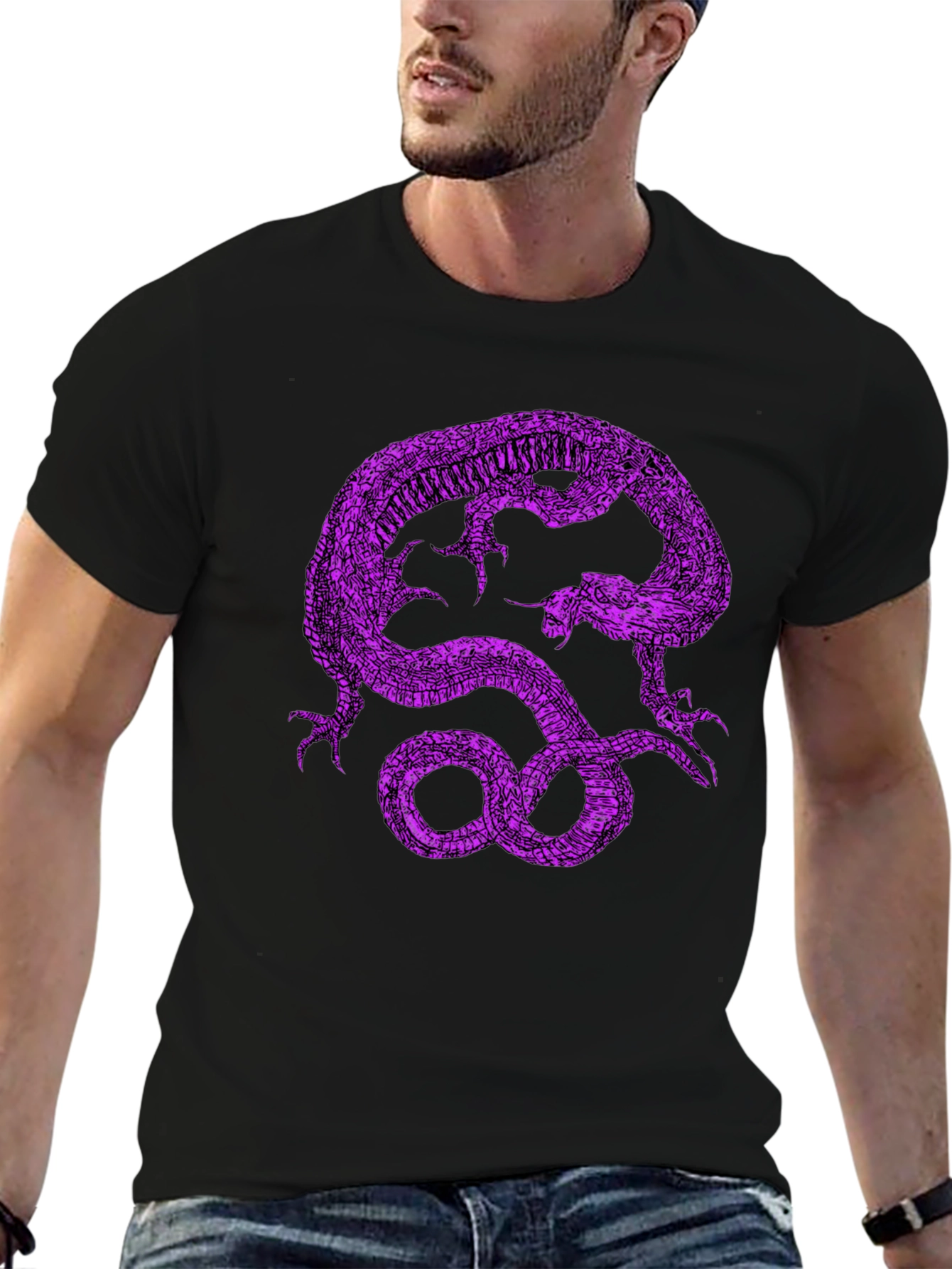 Black T-Shirt with Purple Dragon Graphic Print