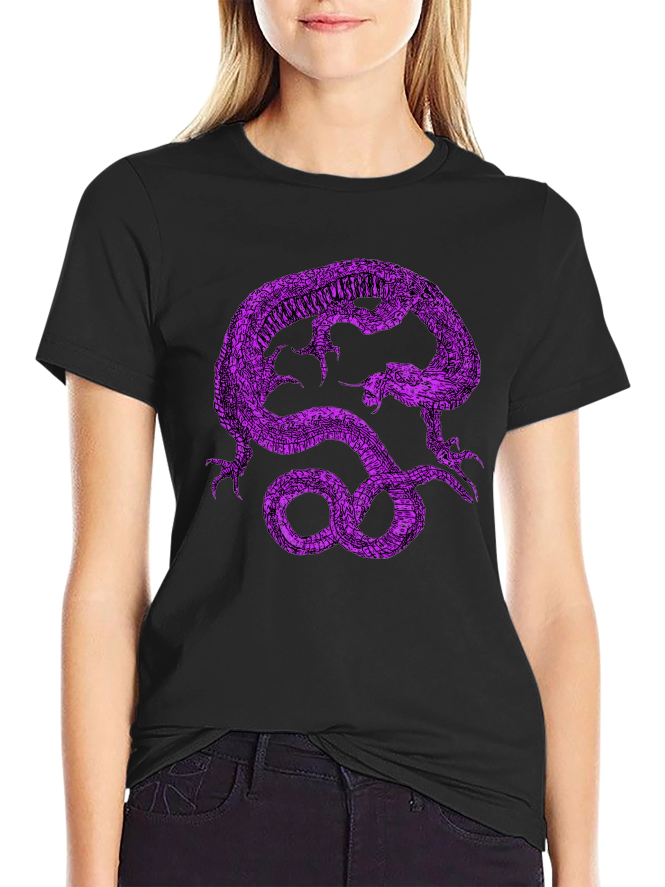 Black T-Shirt with Purple Dragon Graphic Print