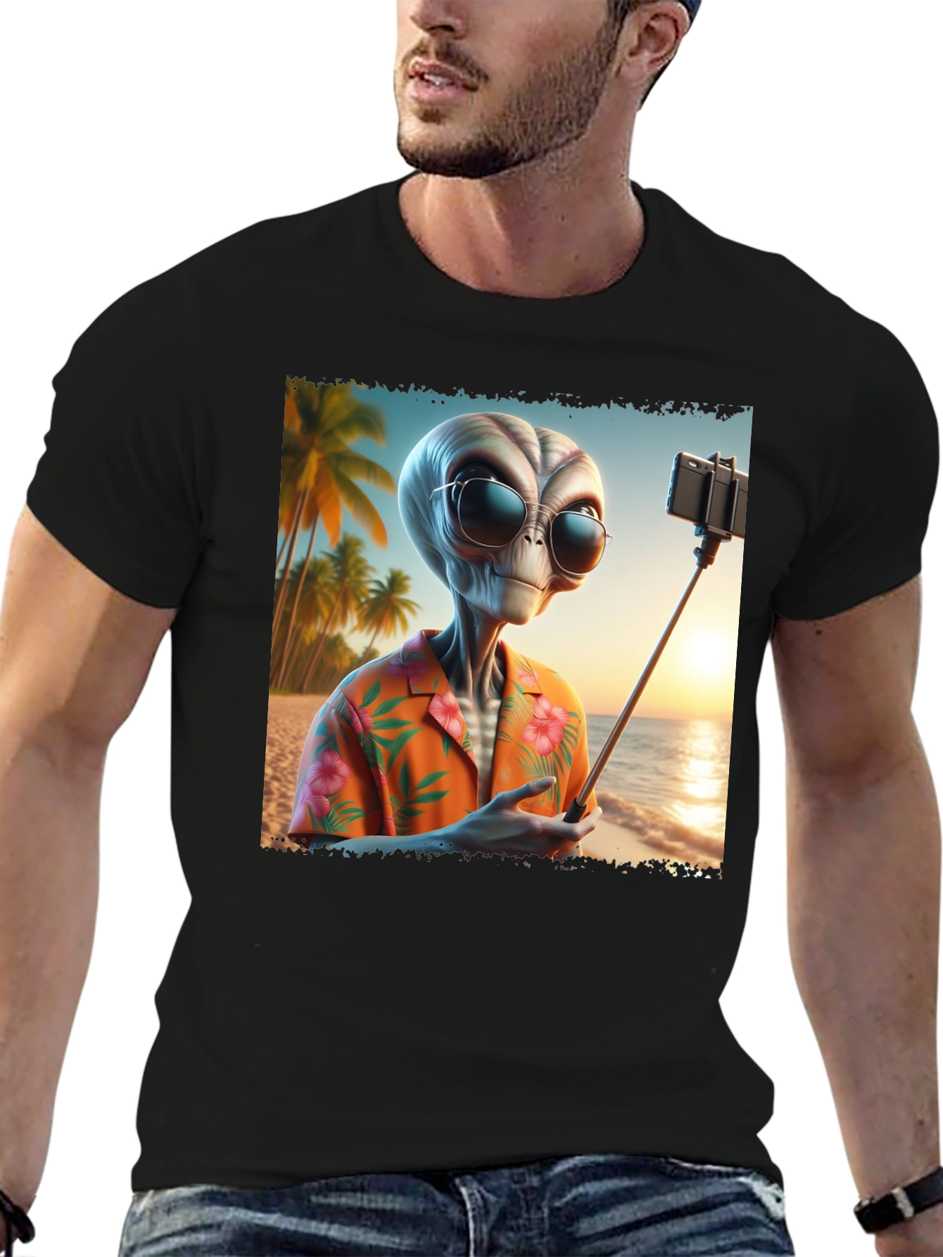 Alien Beach Selfie Graphic Tee - Black T-Shirt