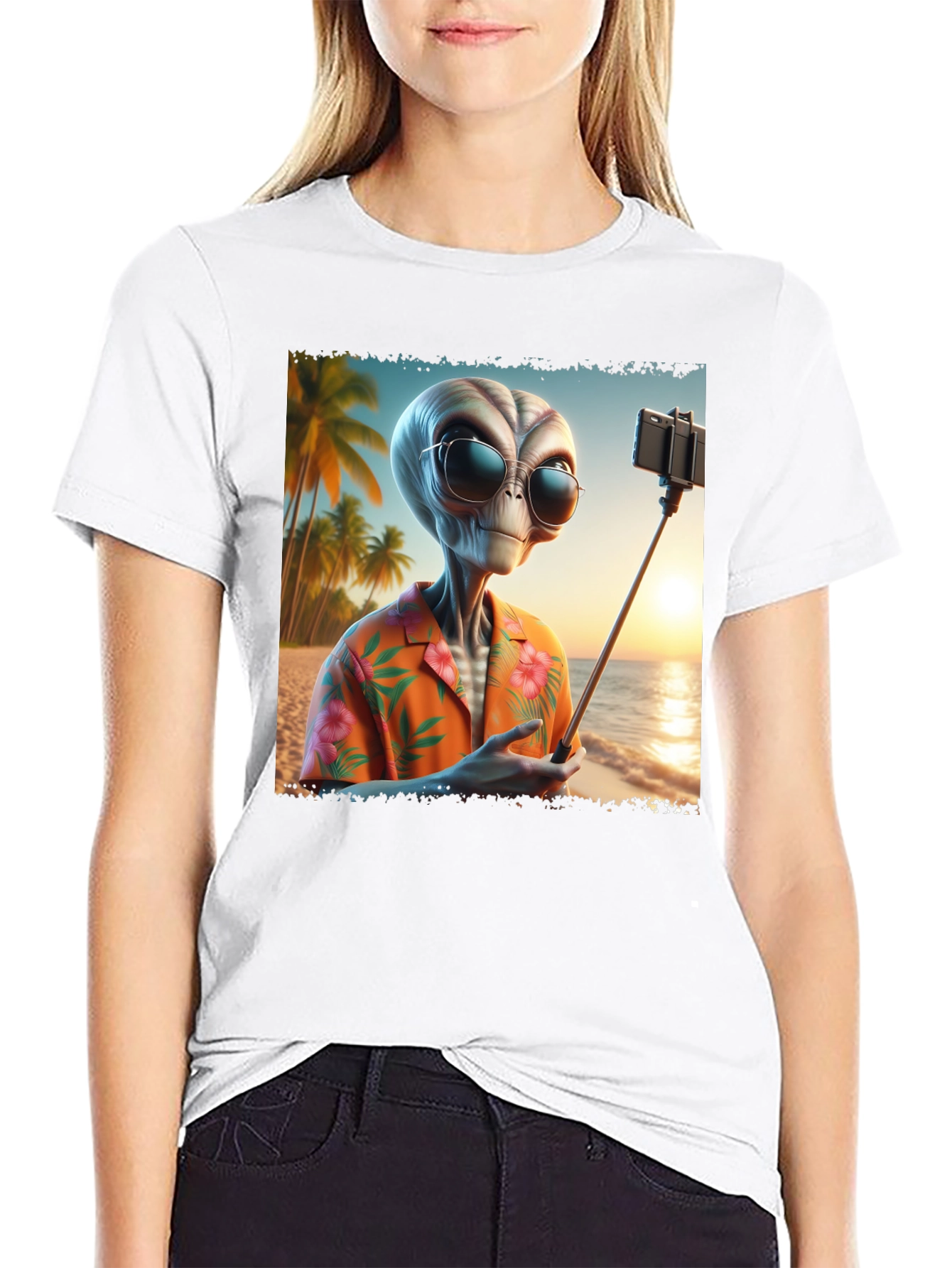 Alien Beach Selfie Graphic Tee - Black T-Shirt