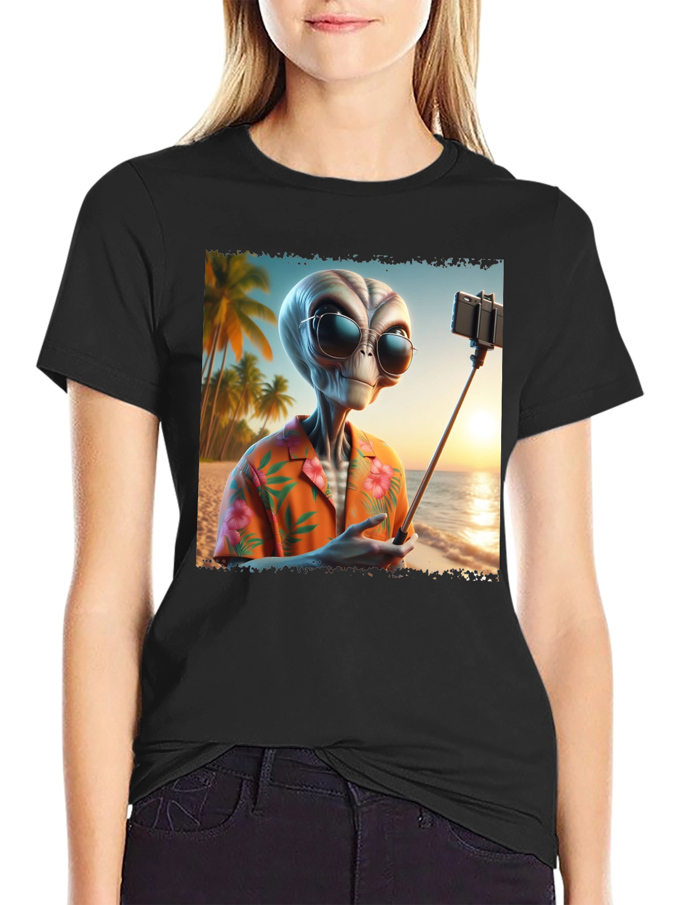 Alien Beach Selfie Graphic Tee - Black T-Shirt