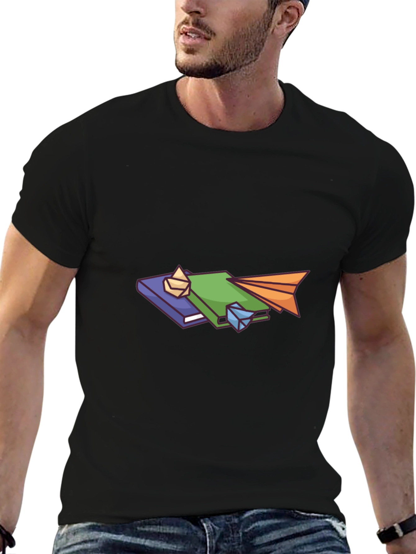 Book Stack Graphic Tee - Black Cotton Comfort