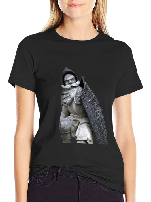 Black T-Shirt with Knight Statue Design