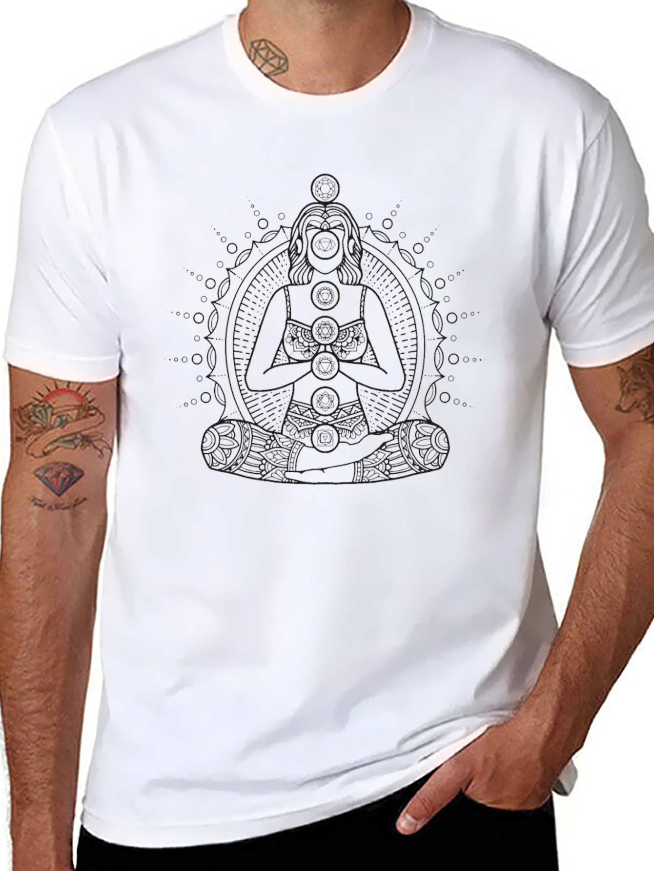 Mens Black Graphic Tee - Meditating Figure Design