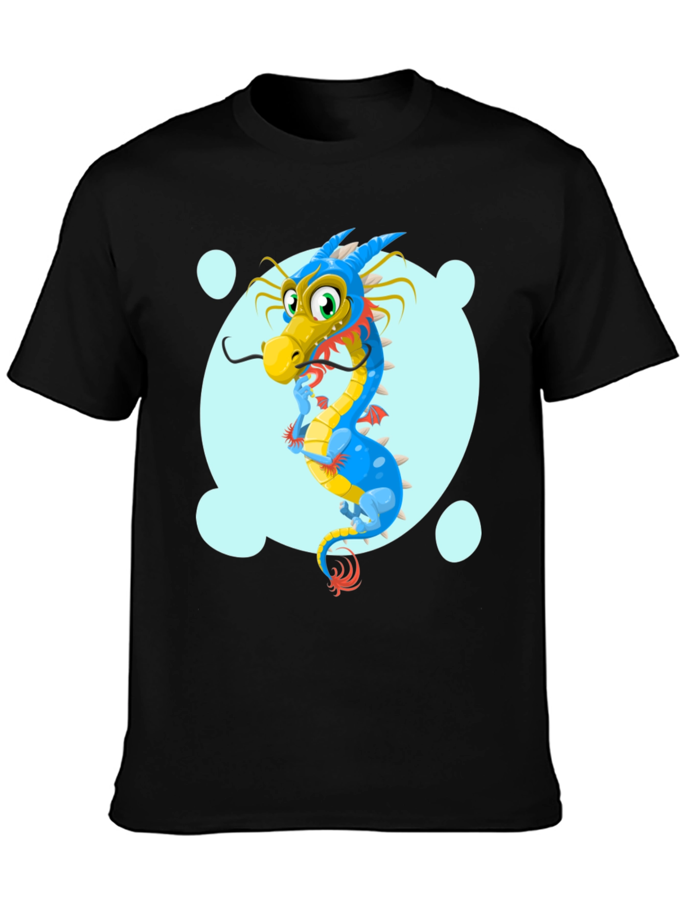 Cartoon Dragon Graphic Tee - Black Cotton T-Shirt