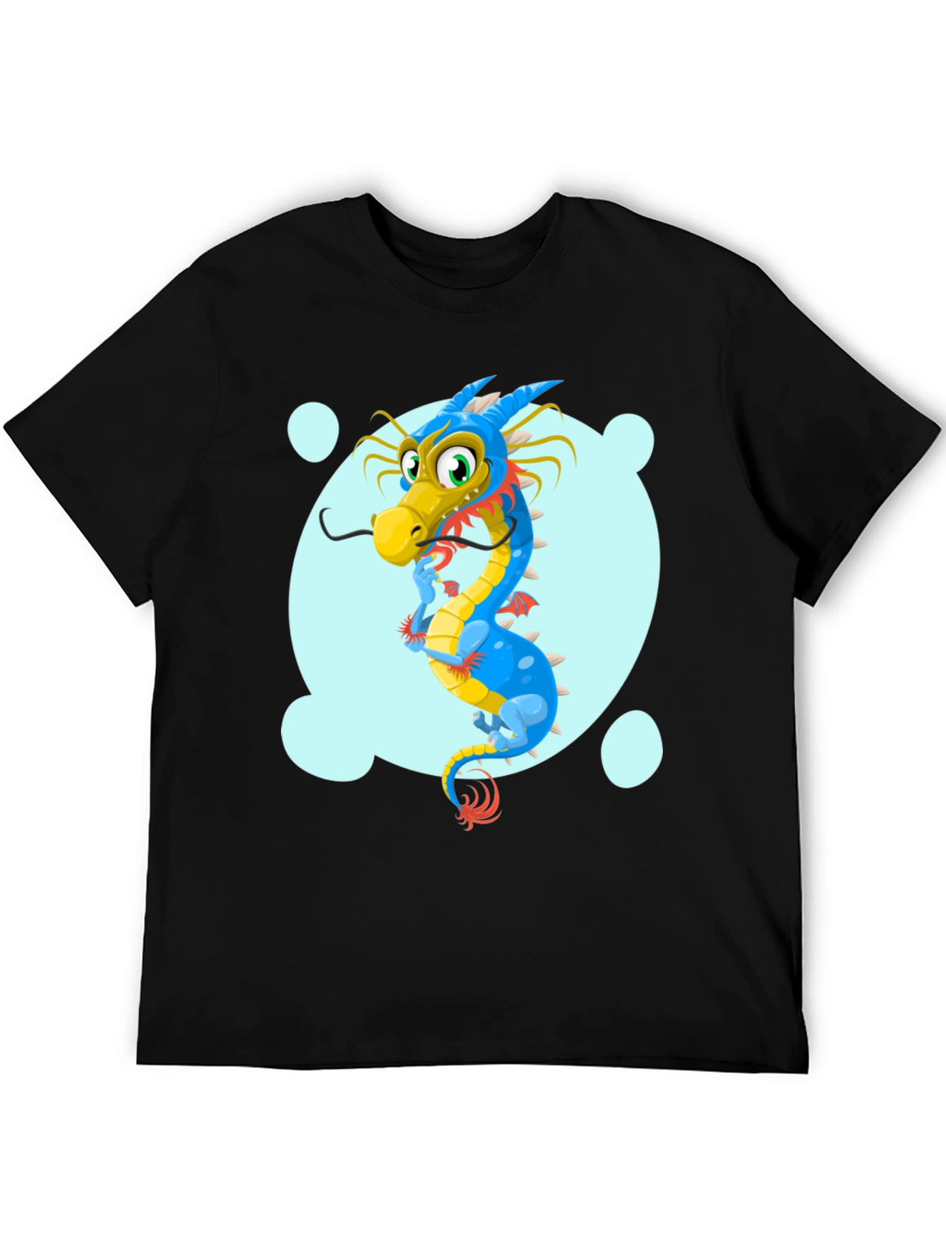 Cartoon Dragon Graphic Tee - Black Cotton T-Shirt