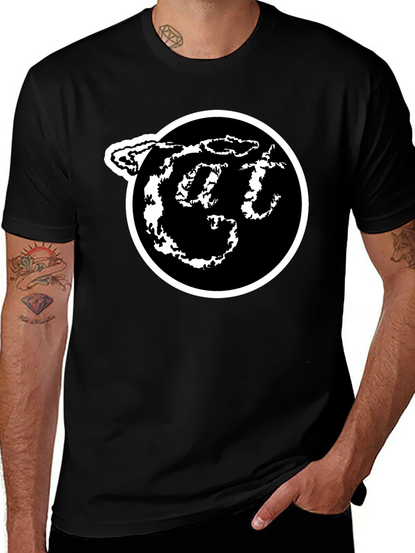 Black T-Shirt with White Circle Logo Graphic