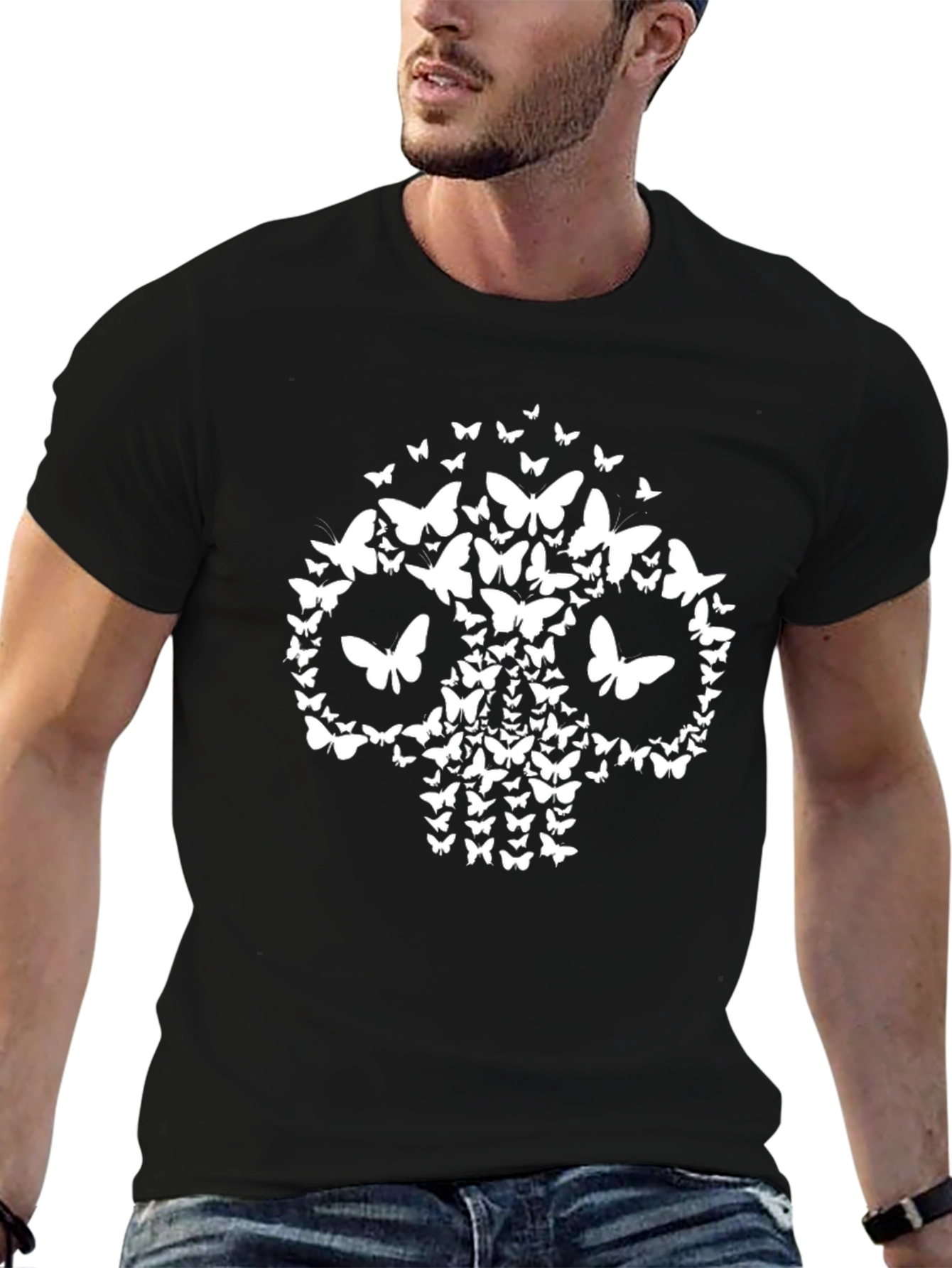 Butterfly Skull Graphic Tee - Black Cotton Blend