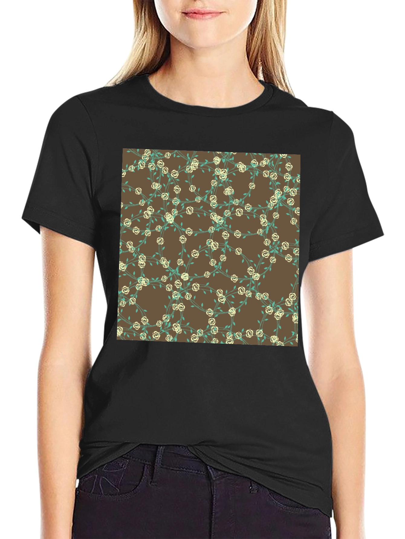 Floral Patterned Black T-Shirt
