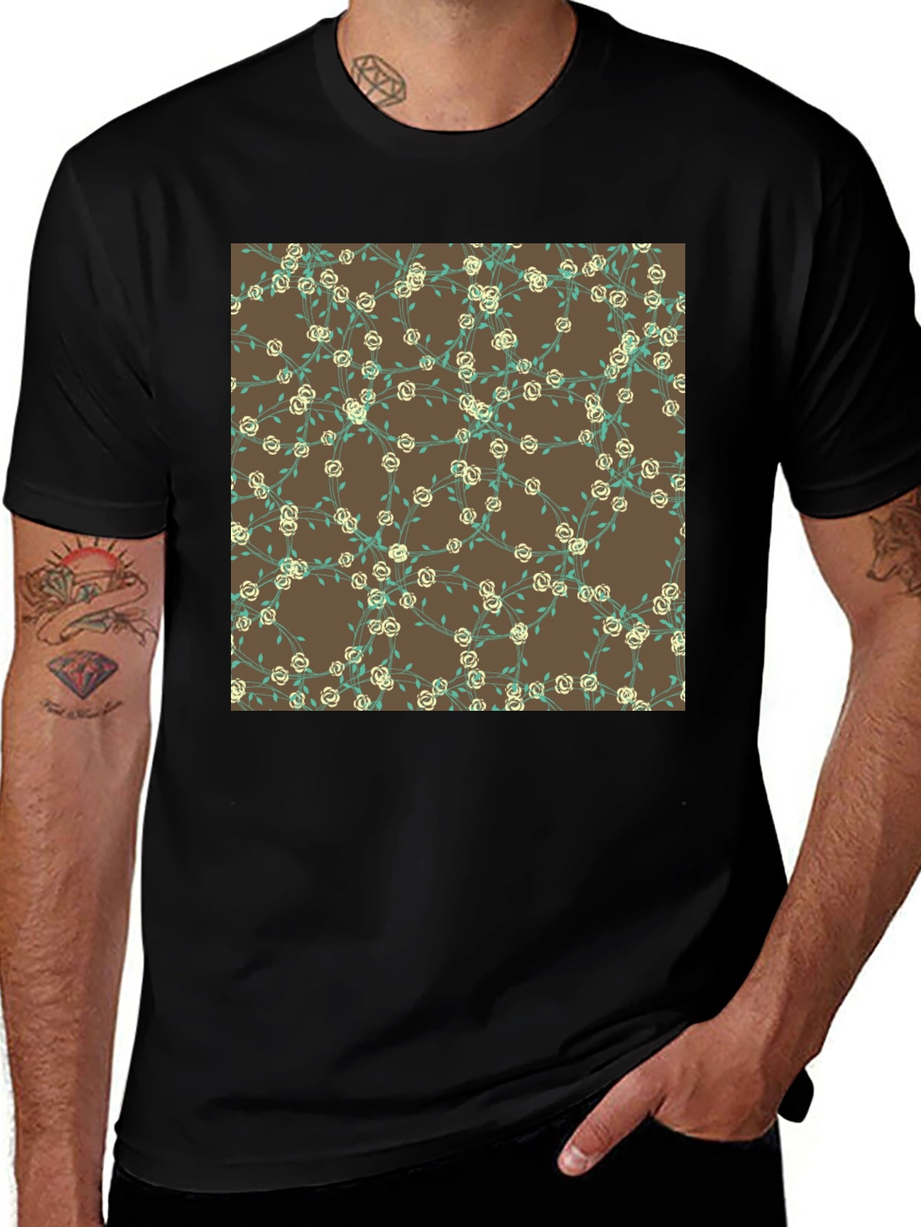 Floral Patterned Black T-Shirt