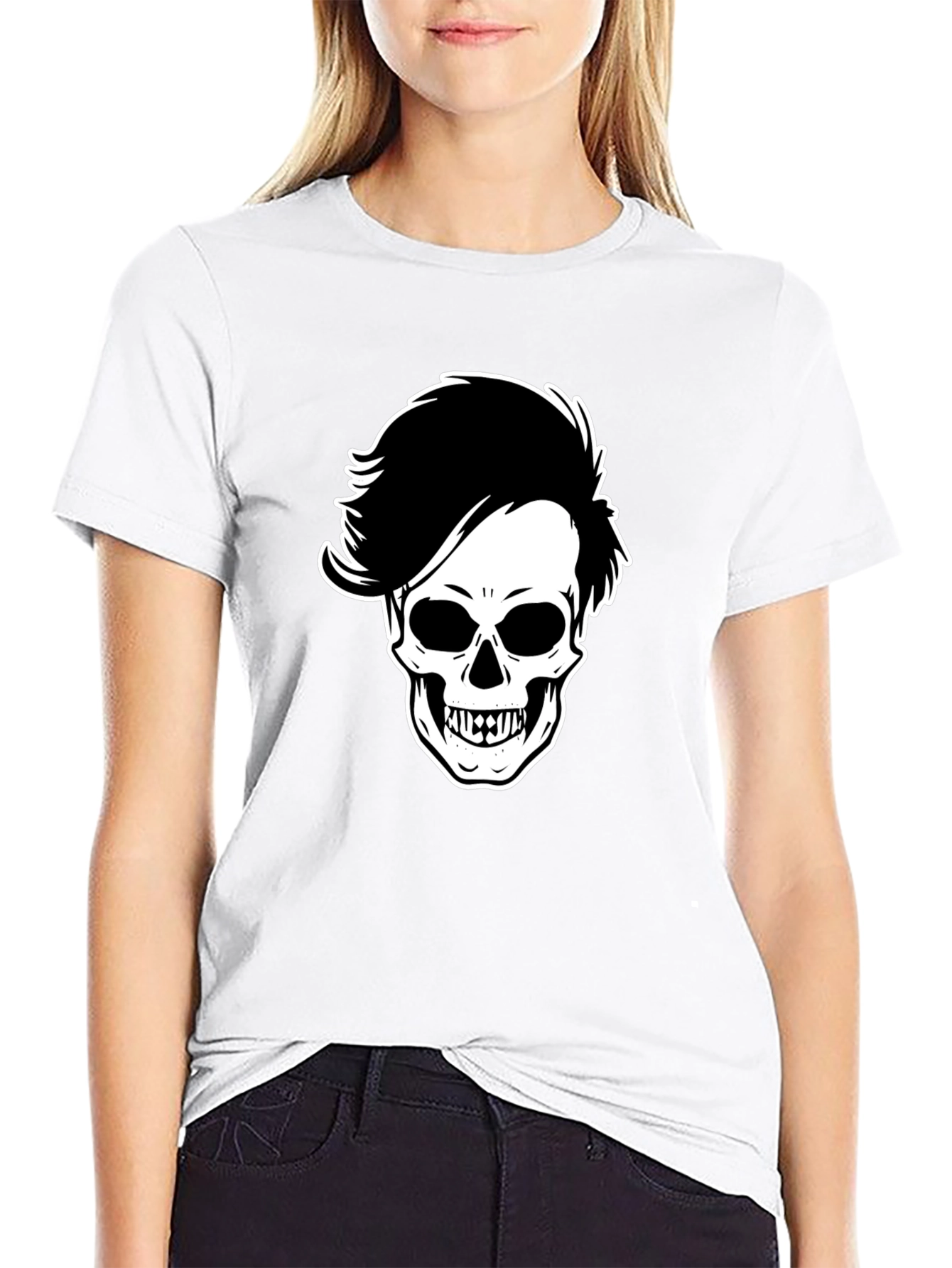Skull with Hairdo Graphic Tee - Black