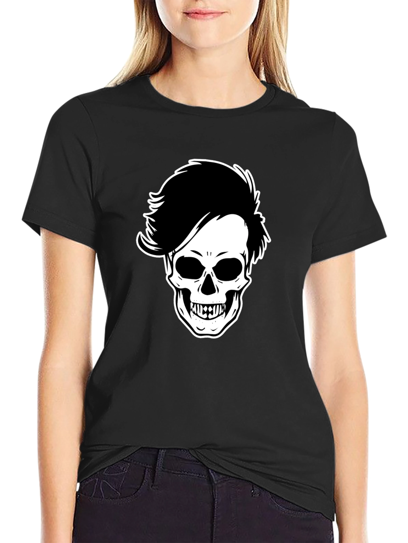 Skull with Hairdo Graphic Tee - Black