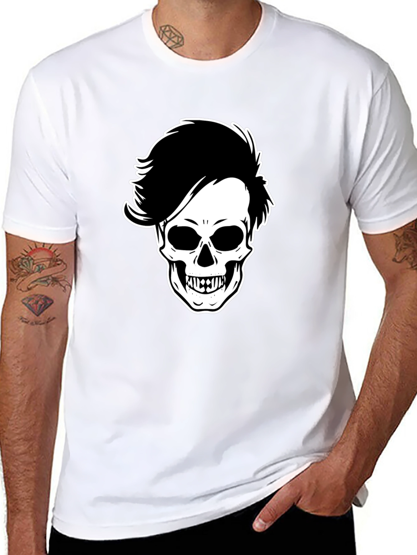 Skull with Hairdo Graphic Tee - Black