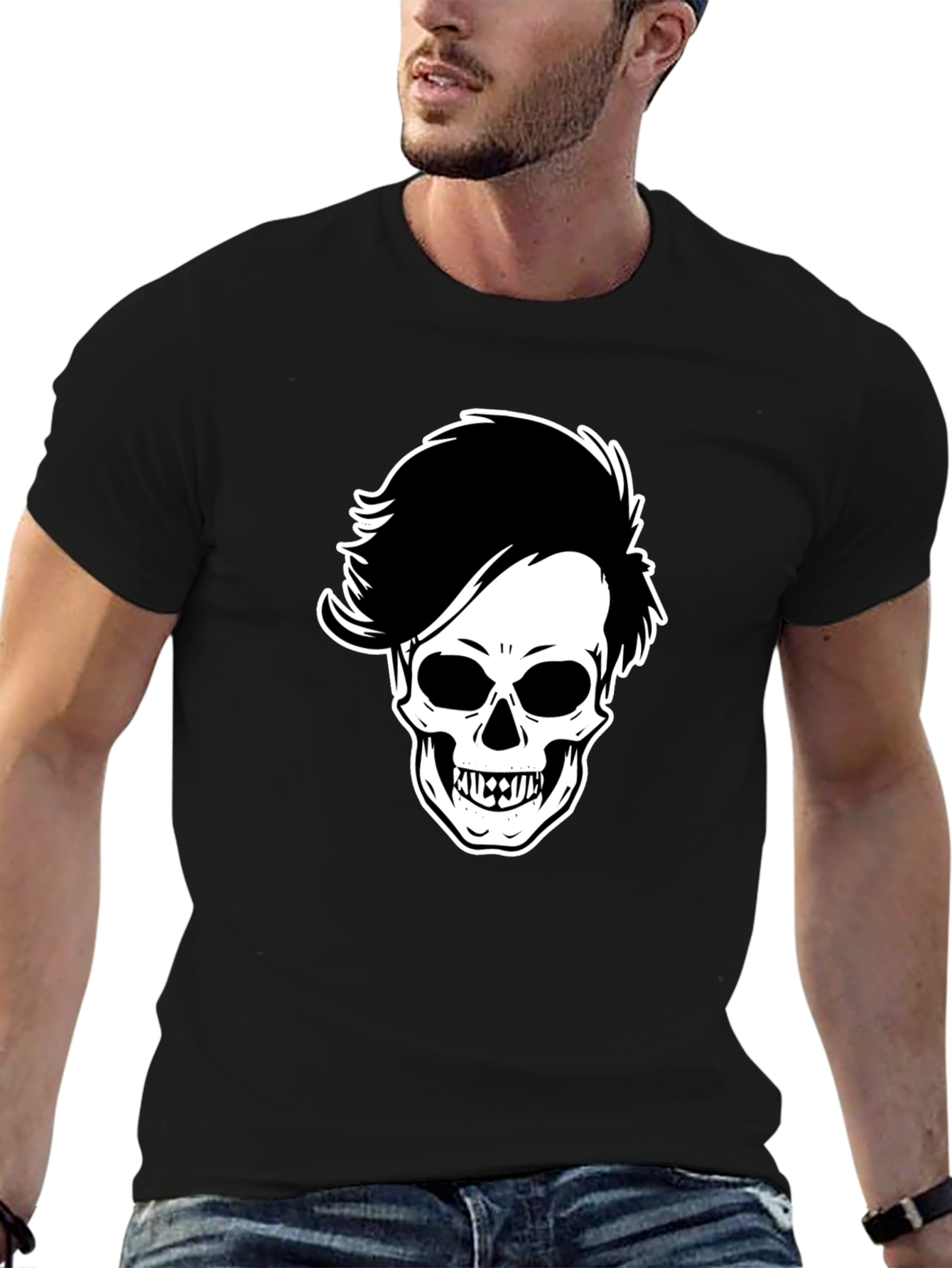 Skull with Hairdo Graphic Tee - Black