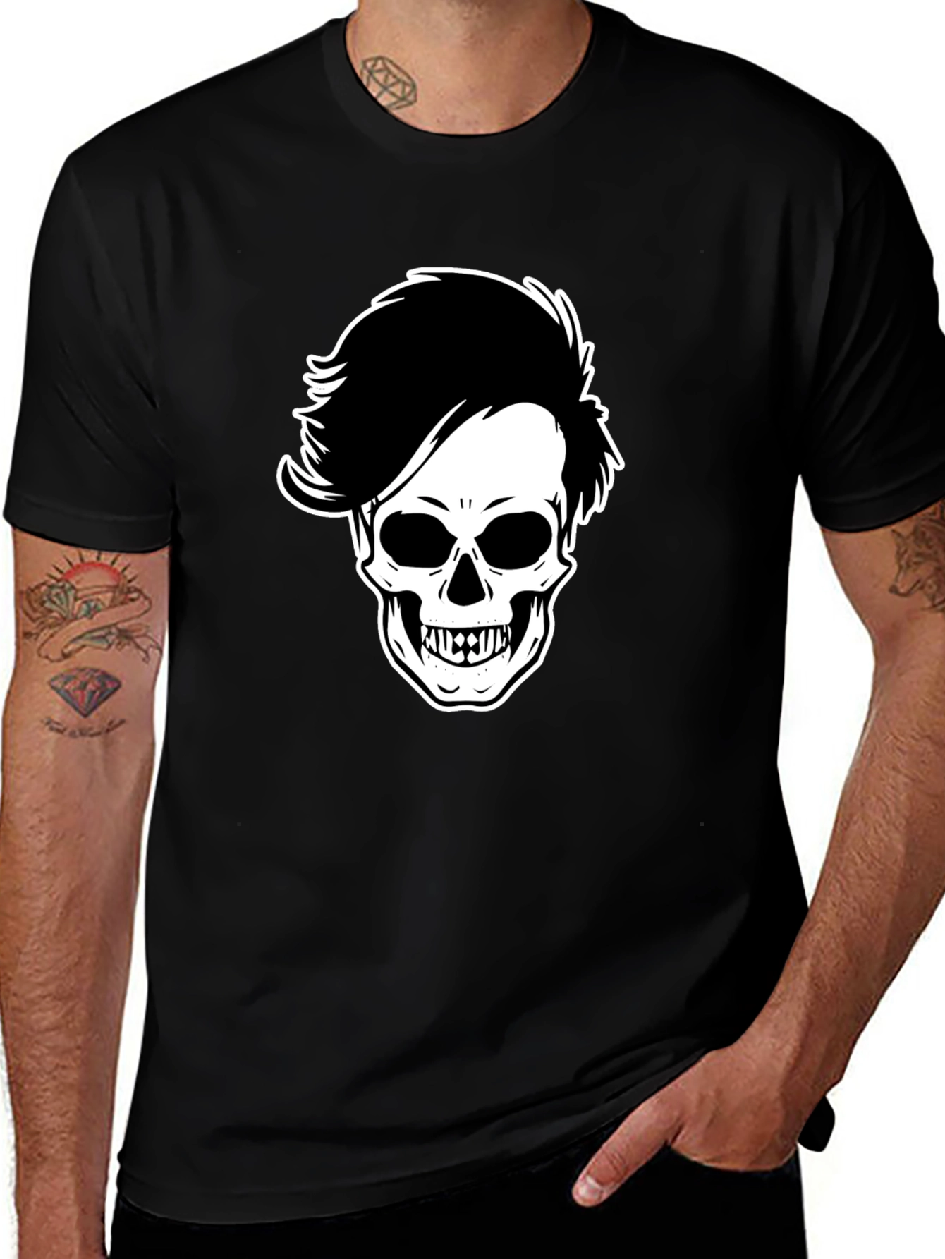 Skull with Hairdo Graphic Tee - Black