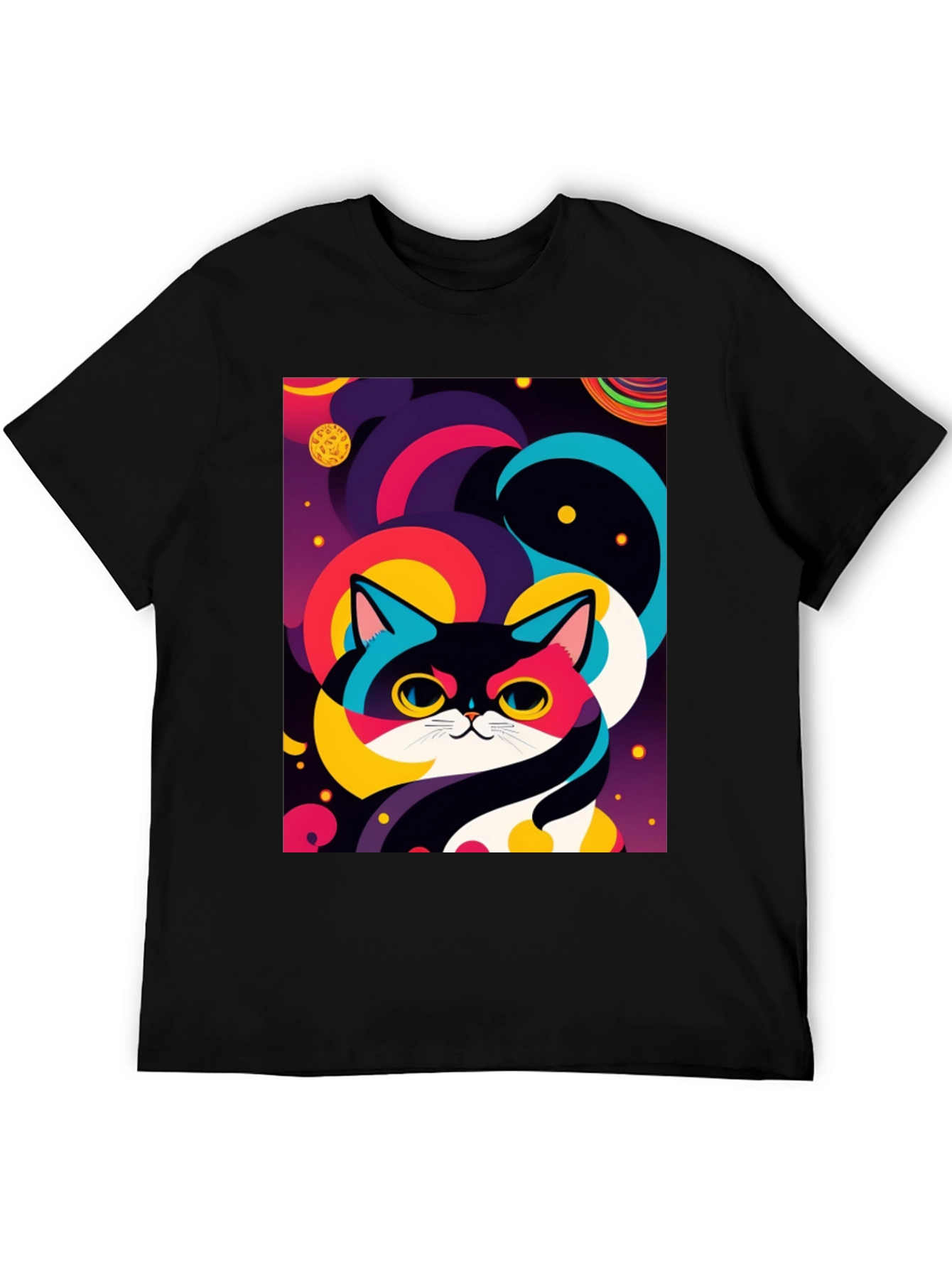 Psychedelic Space Cat Graphic Tee - Black