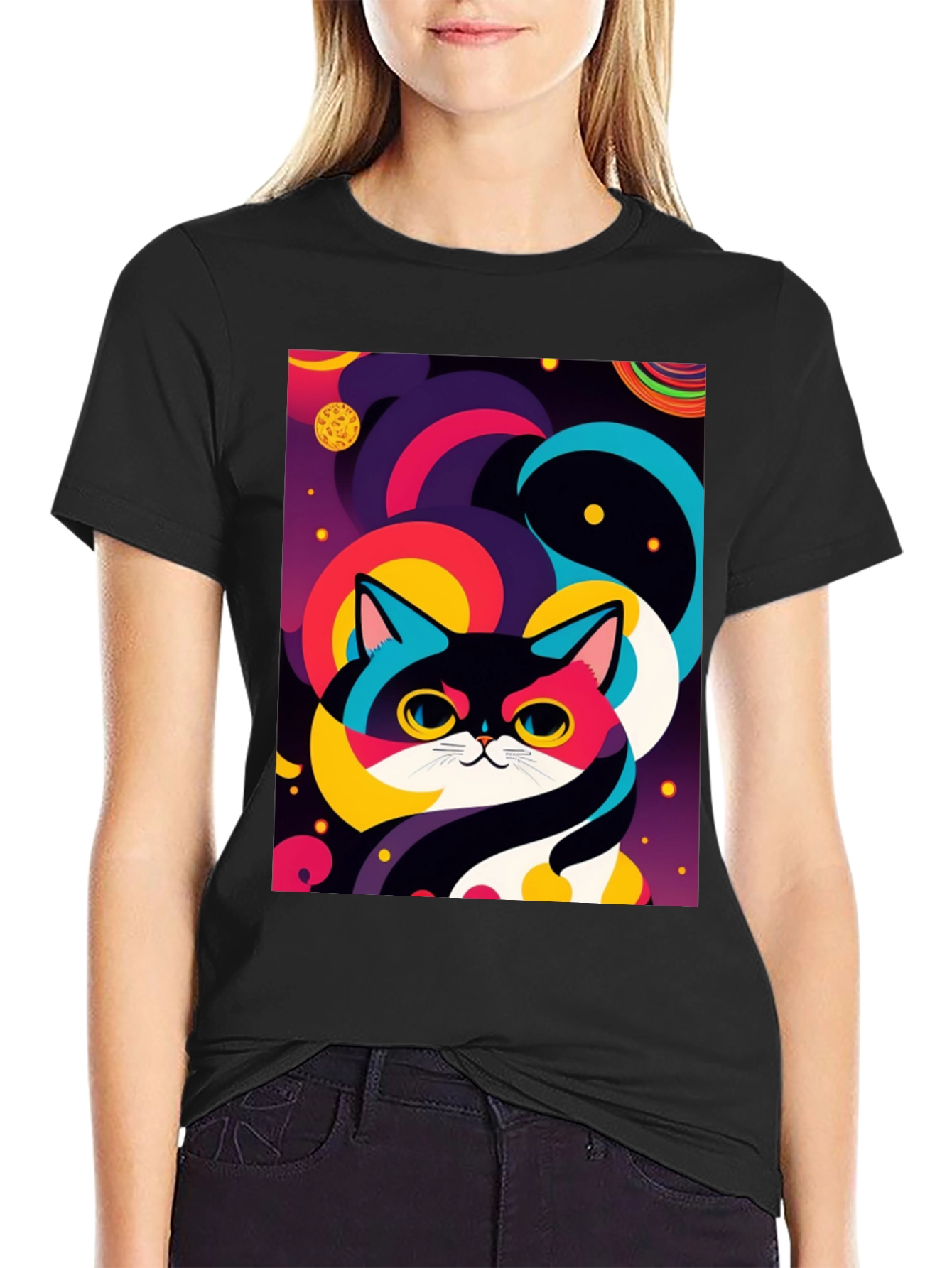 Psychedelic Space Cat Graphic Tee - Black