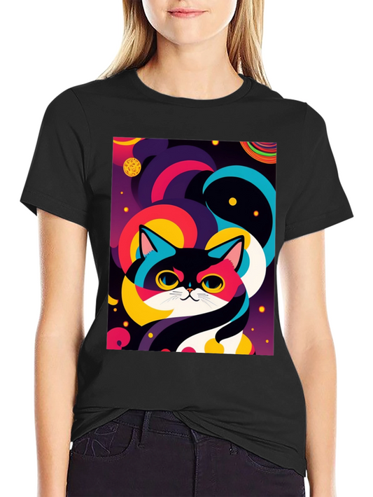 Psychedelic Space Cat Graphic Tee - Black