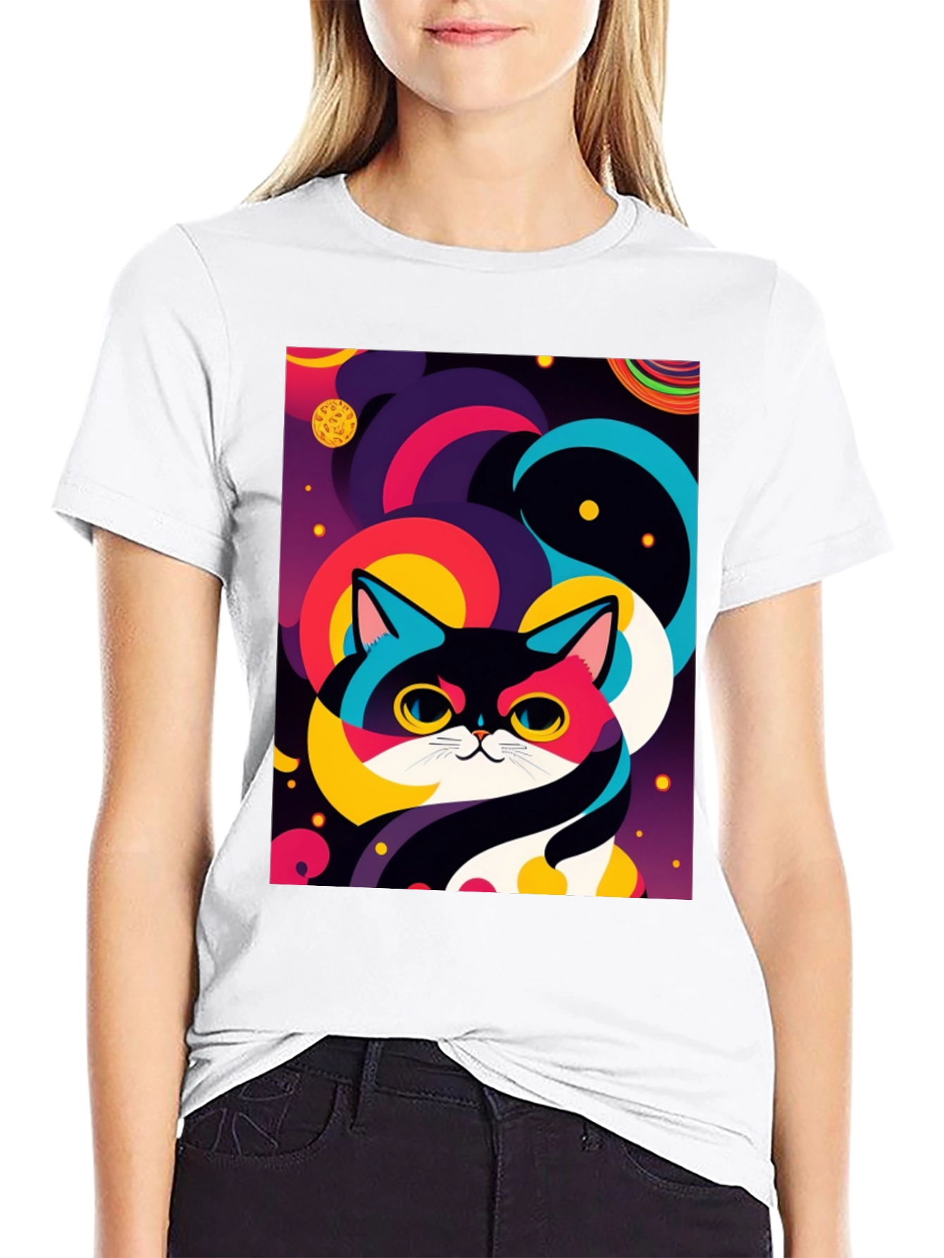 Psychedelic Space Cat Graphic Tee - Black