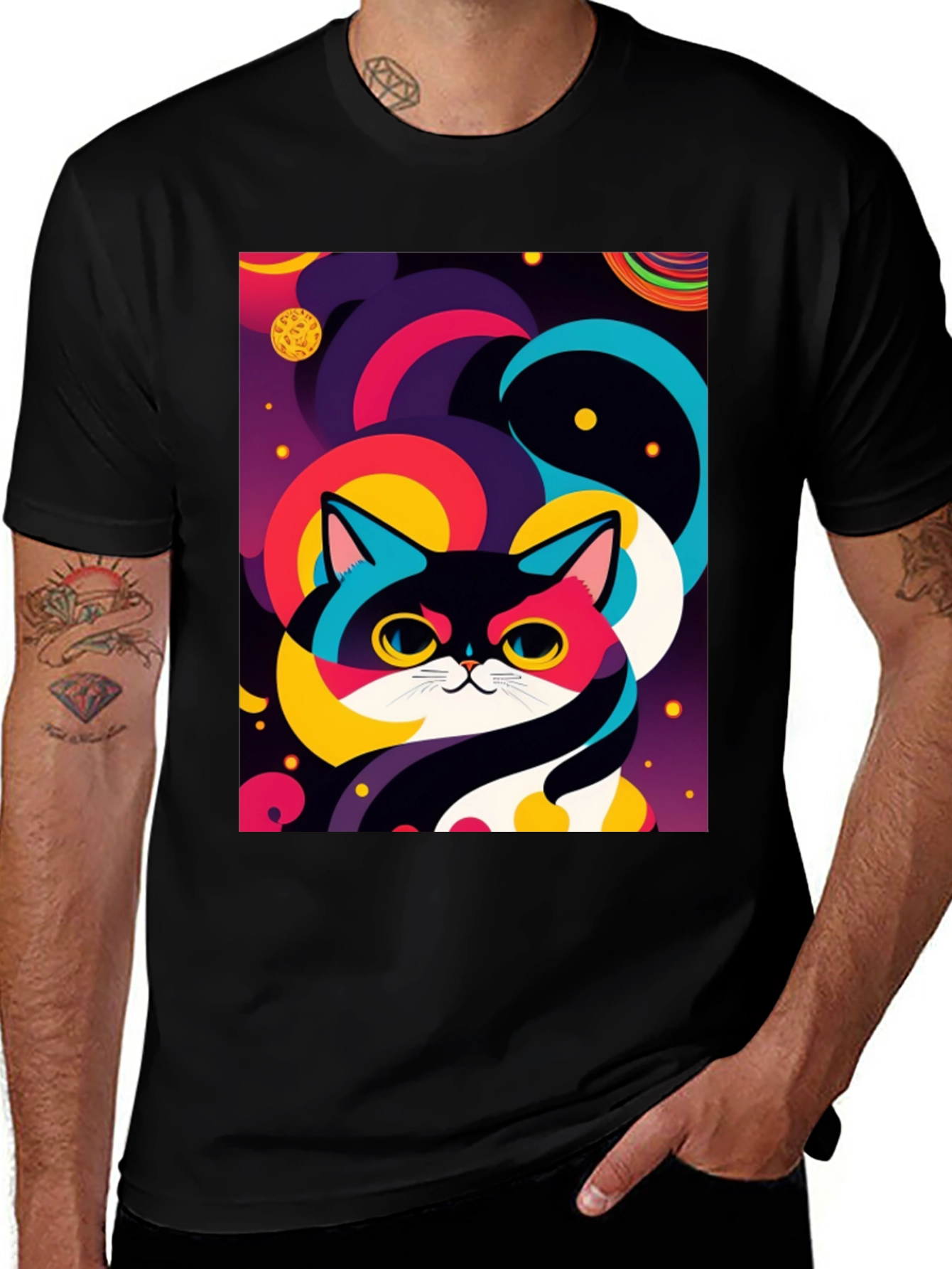 Psychedelic Space Cat Graphic Tee - Black