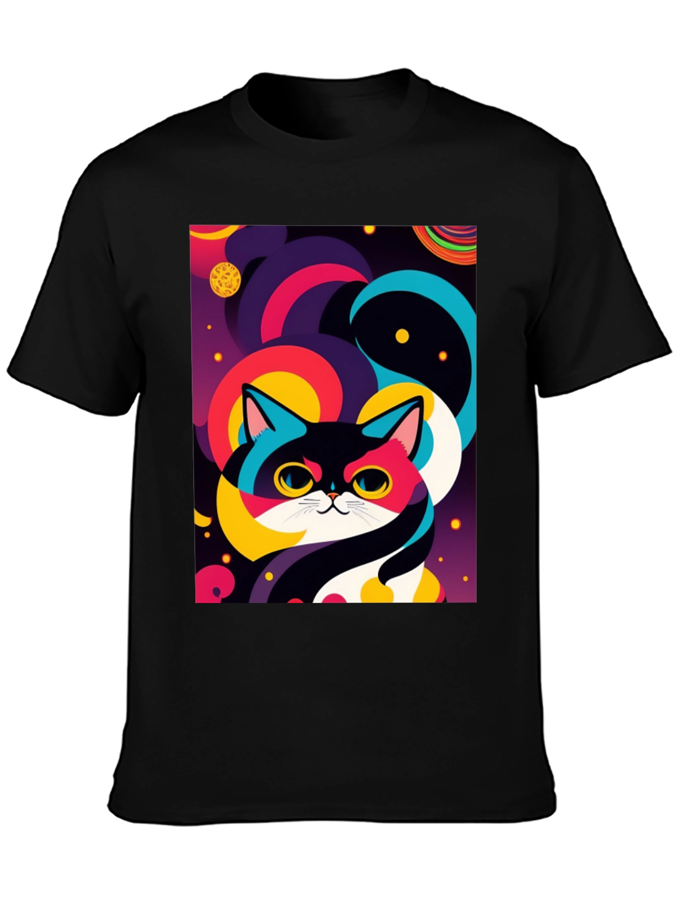 Psychedelic Space Cat Graphic Tee - Black