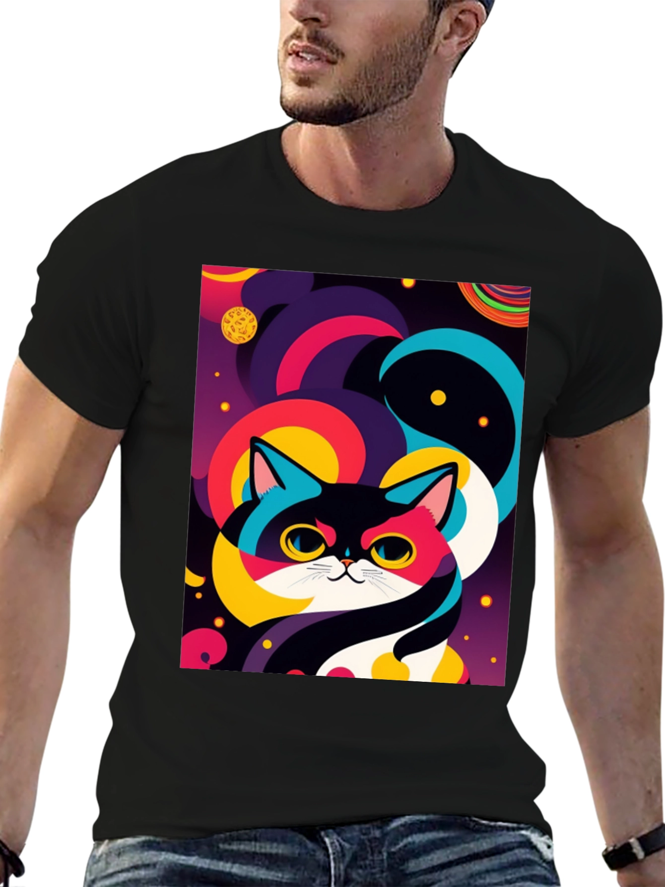 Psychedelic Space Cat Graphic Tee - Black