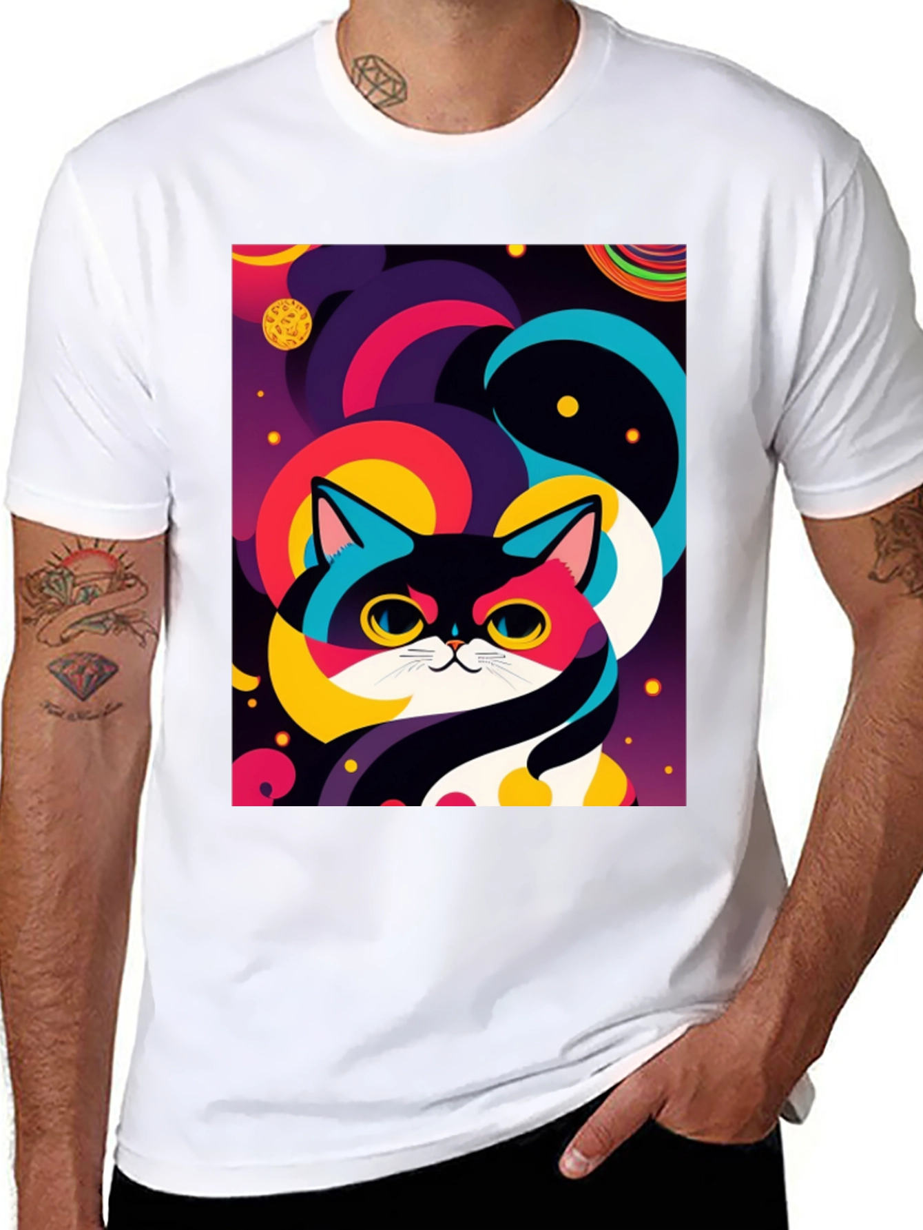Psychedelic Space Cat Graphic Tee - Black