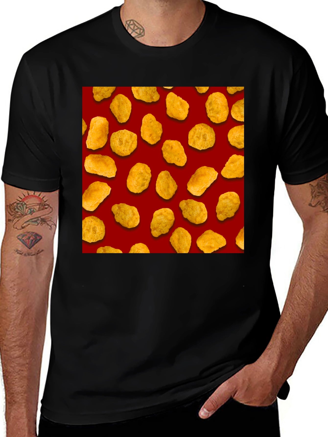 Chicken Nugget Pattern Black T-Shirt