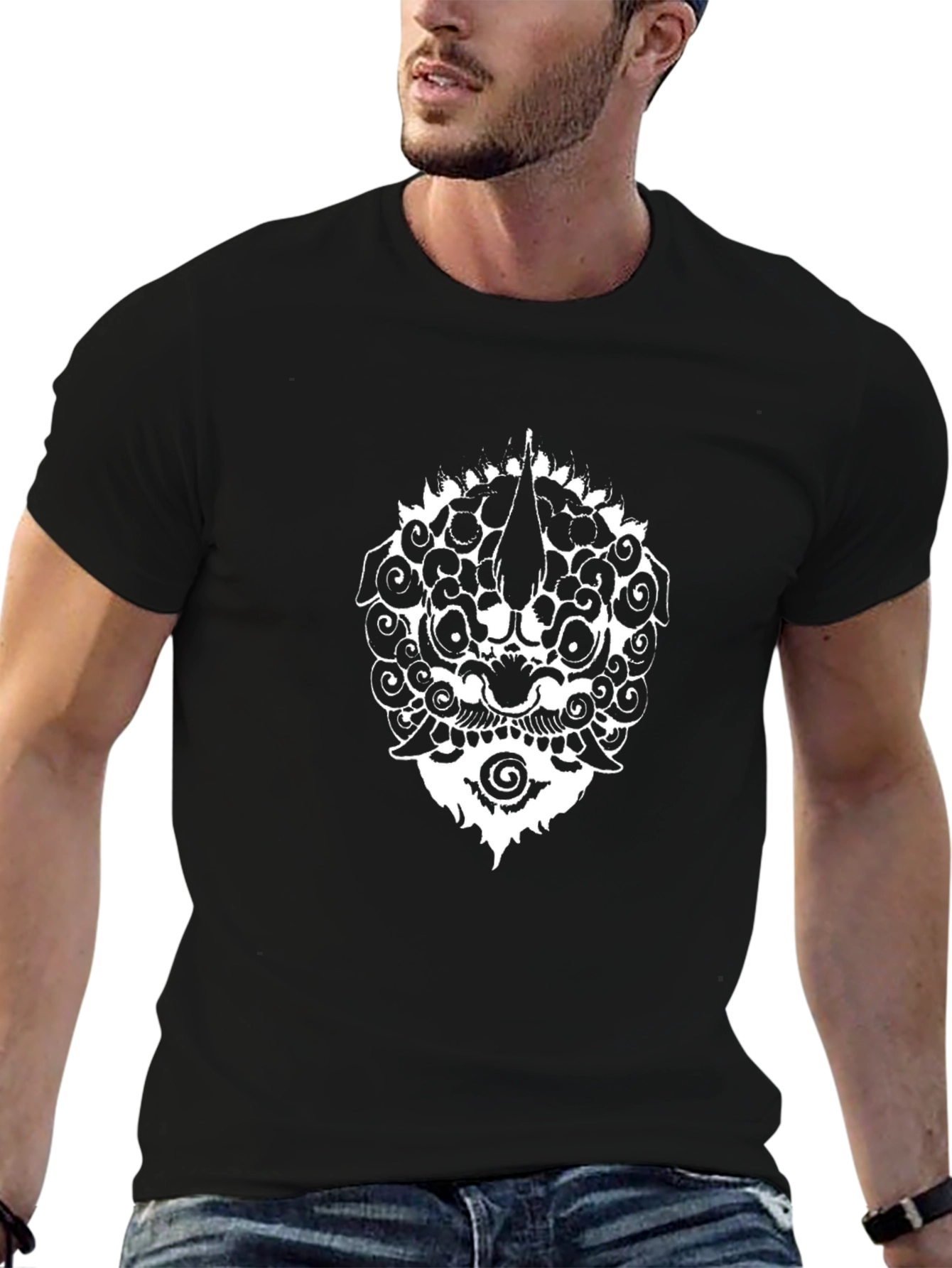 Black Tee with White Tribal Mask Design