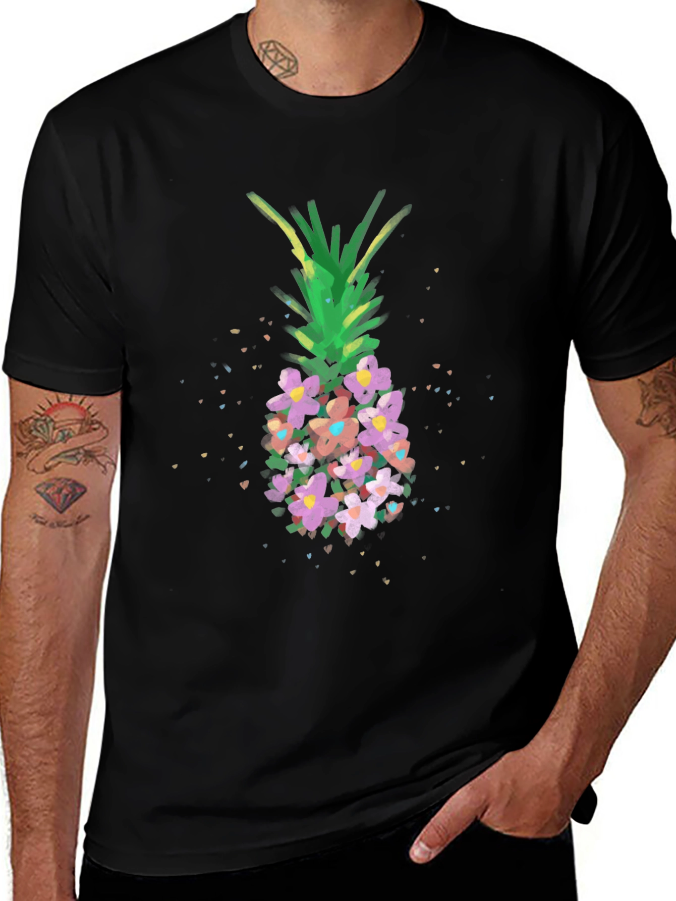 Floral Pineapple Graphic Tee - Black