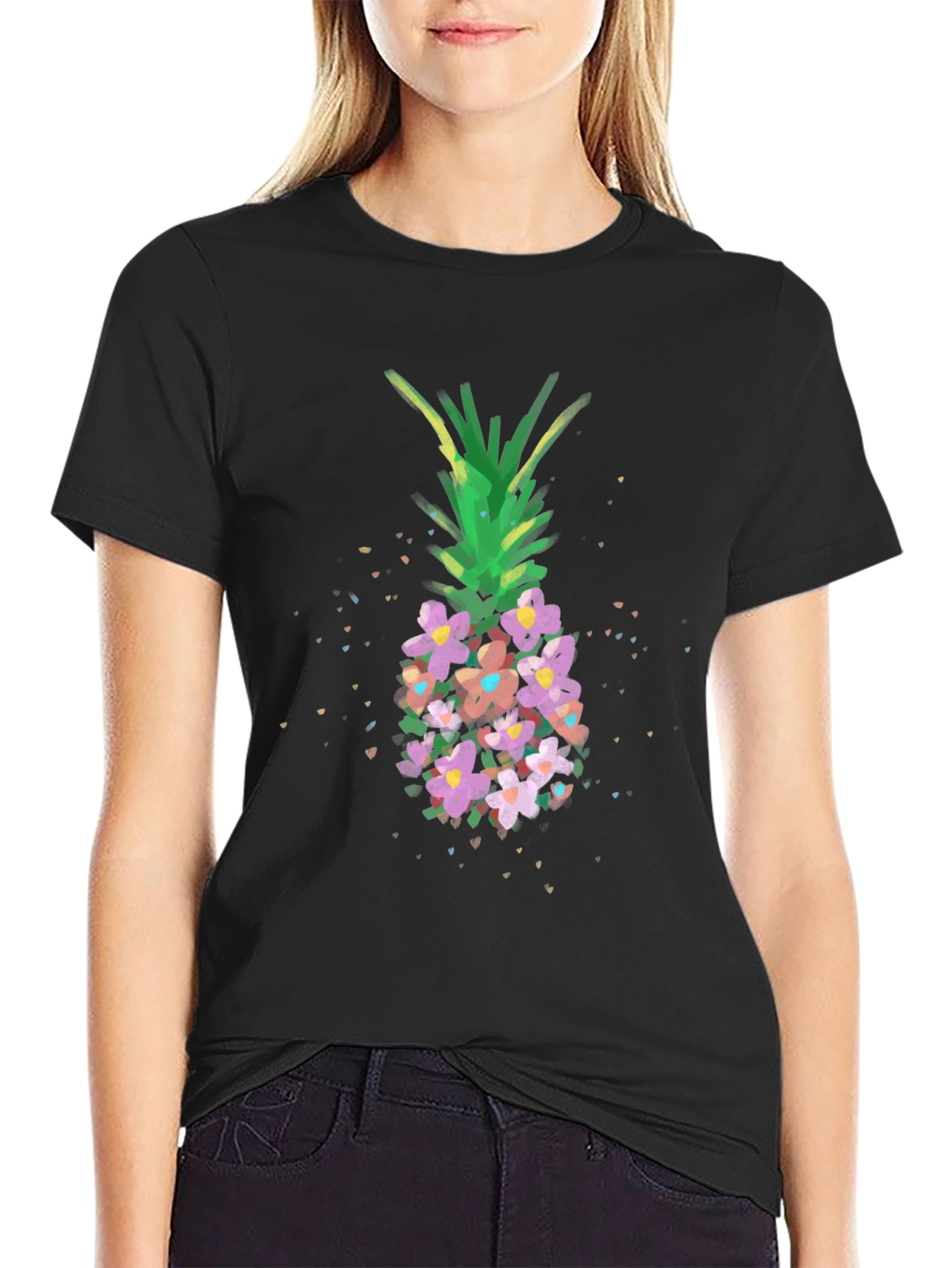 Floral Pineapple Graphic Tee - Black