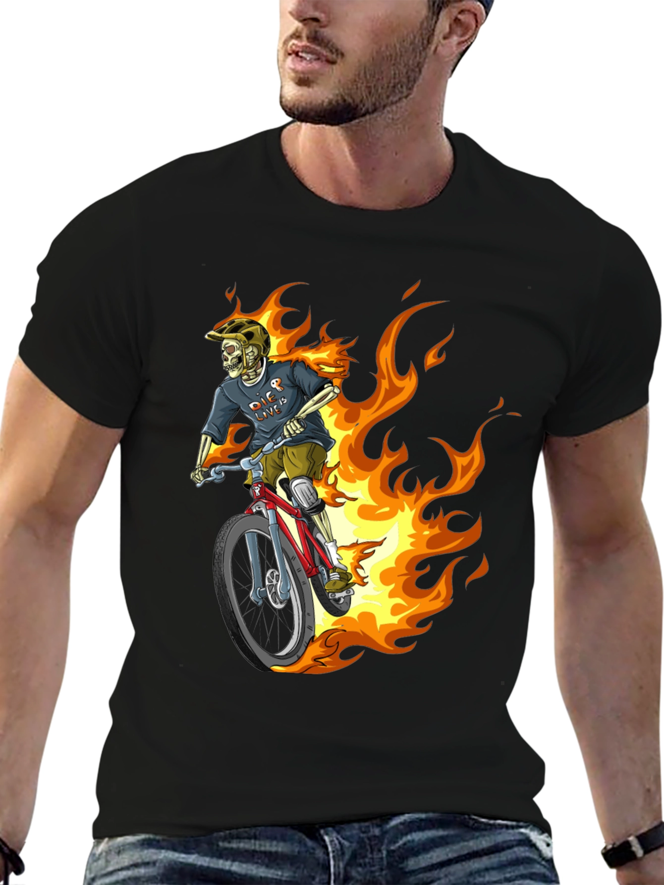 Fiery Skeleton Biker Graphic Tee - Black