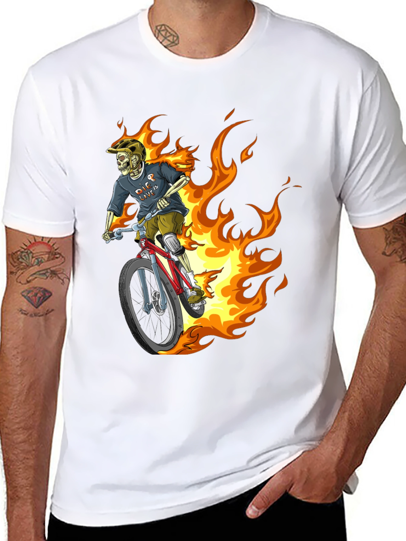 Fiery Skeleton Biker Graphic Tee - Black