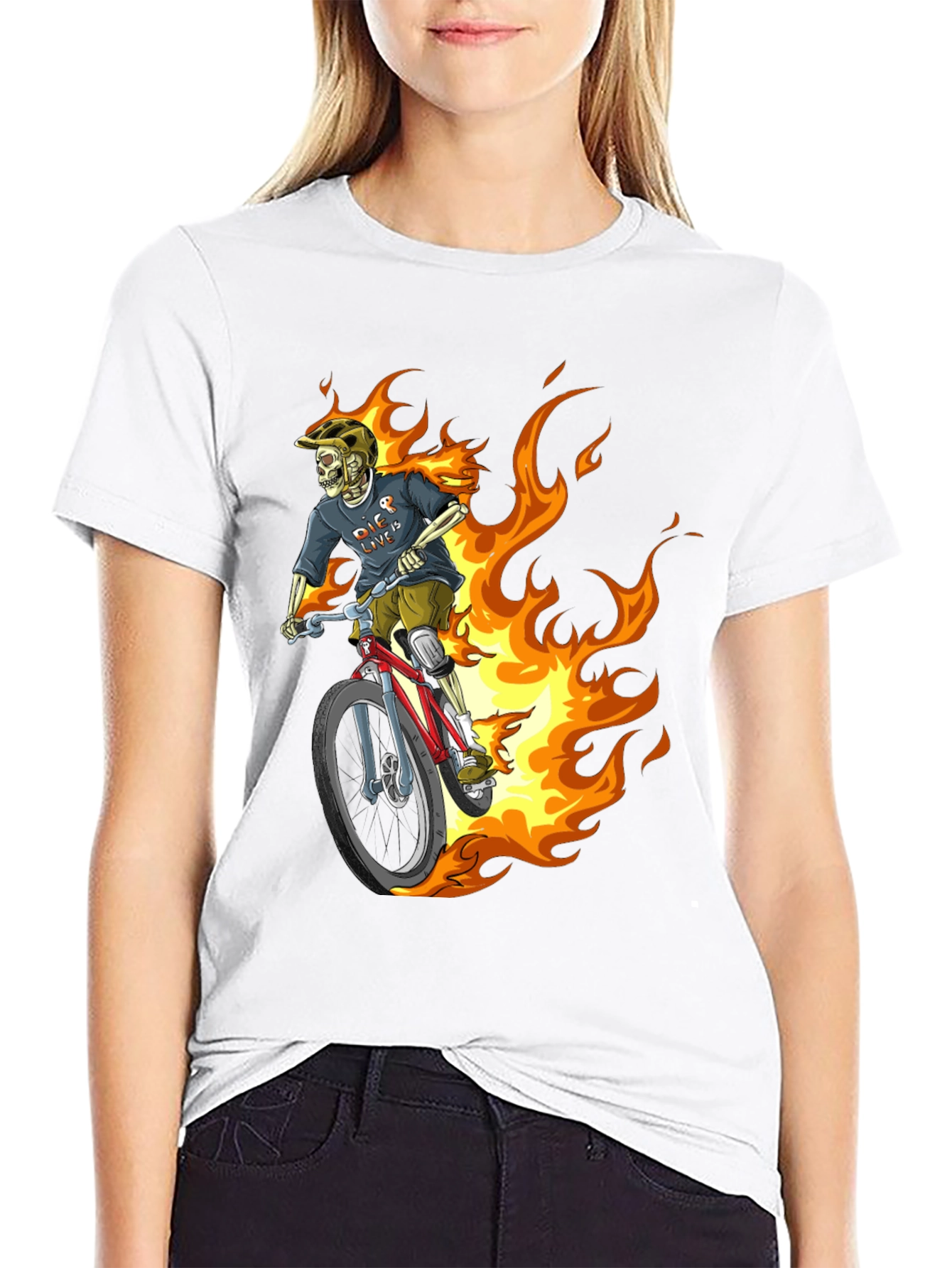 Fiery Skeleton Biker Graphic Tee - Black
